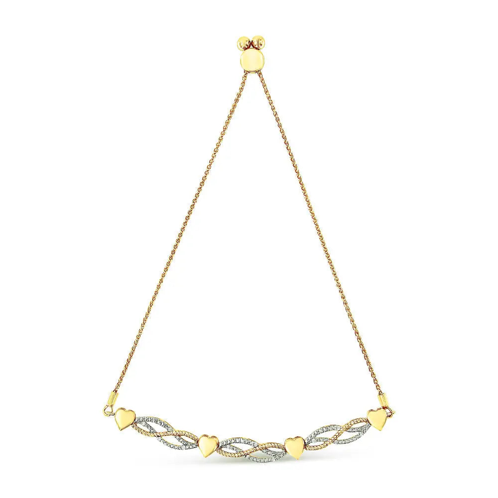 14k yellow gold plated.925 sterling silver 1/10 cttw diamond wave and hearts bolo bracelet (i j color i2 i3 clarity) 4’’ 10’’