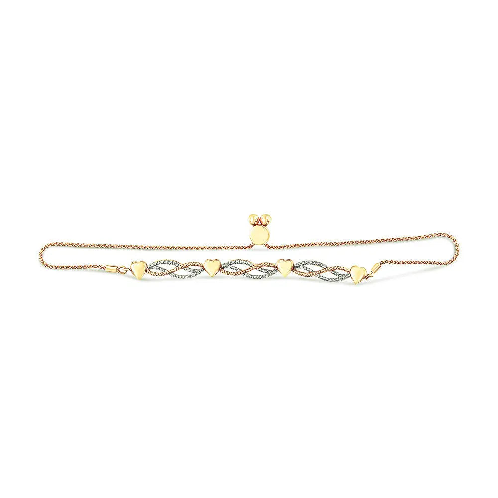 14k yellow gold plated.925 sterling silver 1/10 cttw diamond wave and hearts bolo bracelet (i j color i2 i3 clarity) 4’’ 10’’