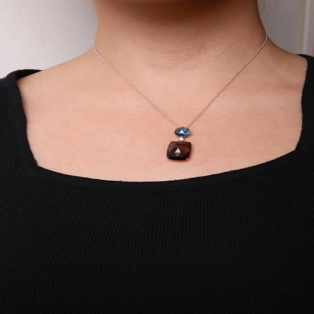 18K Rose and White Gold Diamond Accent and London Blue Topaz and Cushion Cut Smoky Quartz Gemstone Dangle Drop 18" Pendant Necklace (G-H Color, SI1-SI2 Clarity) - Bijoux-NYC Direct