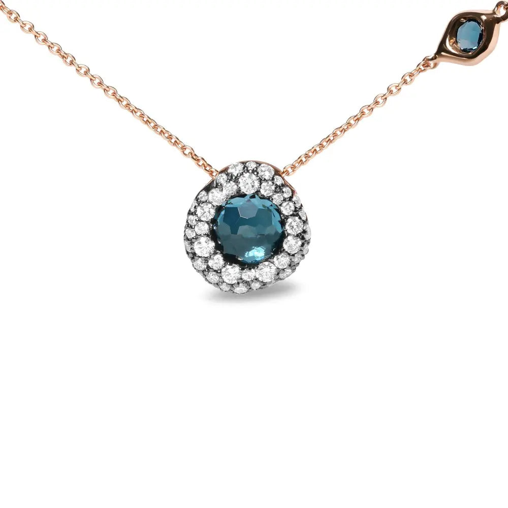 18K Rose Gold 5/8 Cttw Diamond and London Blue Topaz Gemstone Bezel-Set Cluster 18" Station Necklace (G-H Color, SI1-SI2 Clarity) - Adjustable up to 16" - 18" - Bijoux-NYC Direct