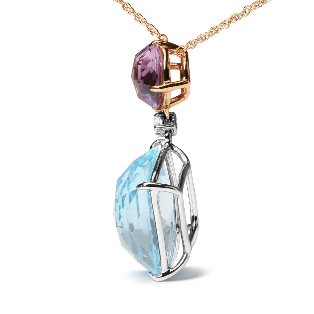 18K White and Rose Gold Round Diamond Accent and Round Rose De France Pink Amethyst and Cushion Cut Sky Blue Topaz Dangle Drop 18" Pendant Necklace (G-H Color, SI1-SI2 Clarity) - Bijoux-NYC Direct
