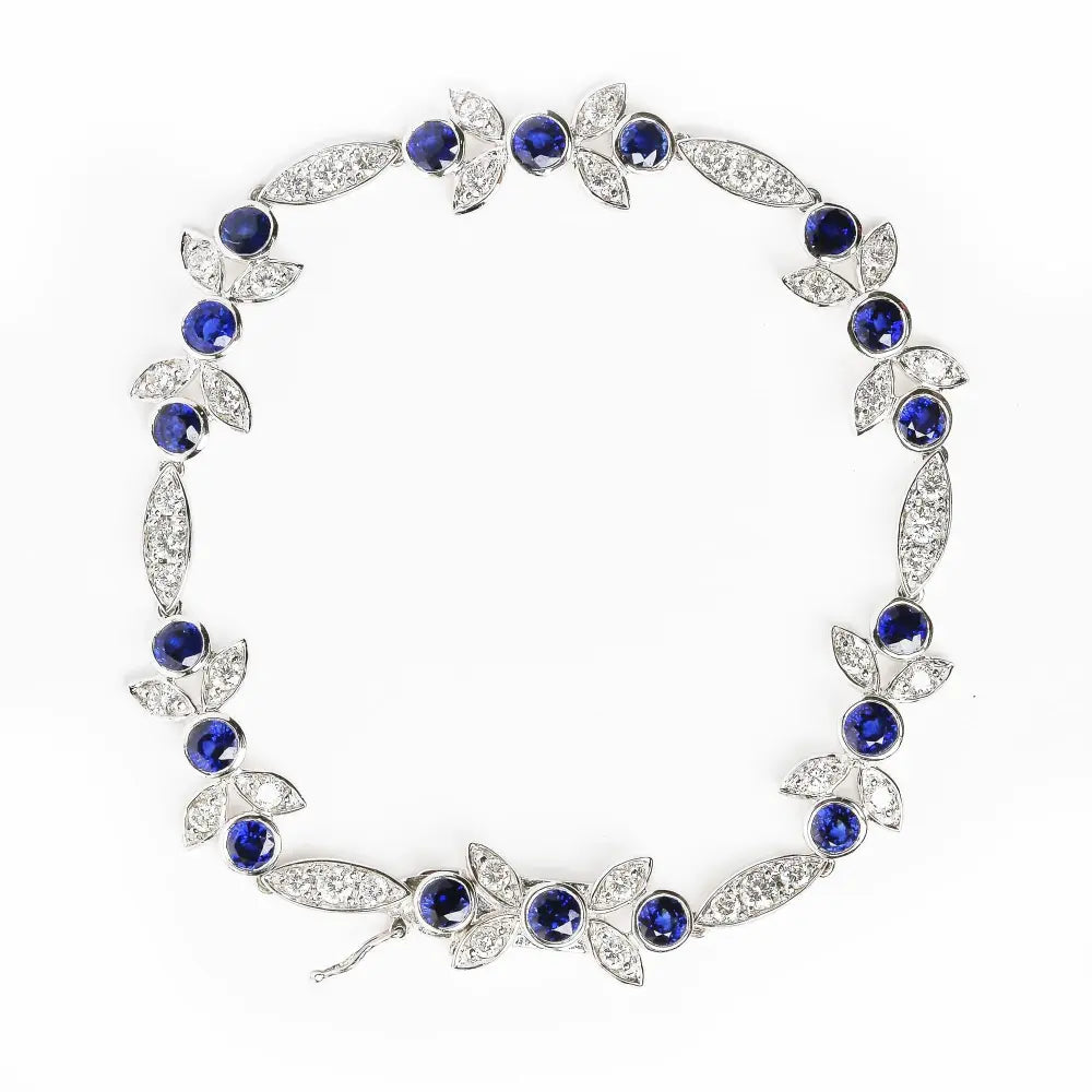 18K White Gold 1 3/4 Cttw Diamond and 3x3mm Round Blue Sapphire Gemstone Floral Link Bracelet (G-H Color, SI1-SI2 Clarity) - Size 7" - Bijoux-NYC Direct