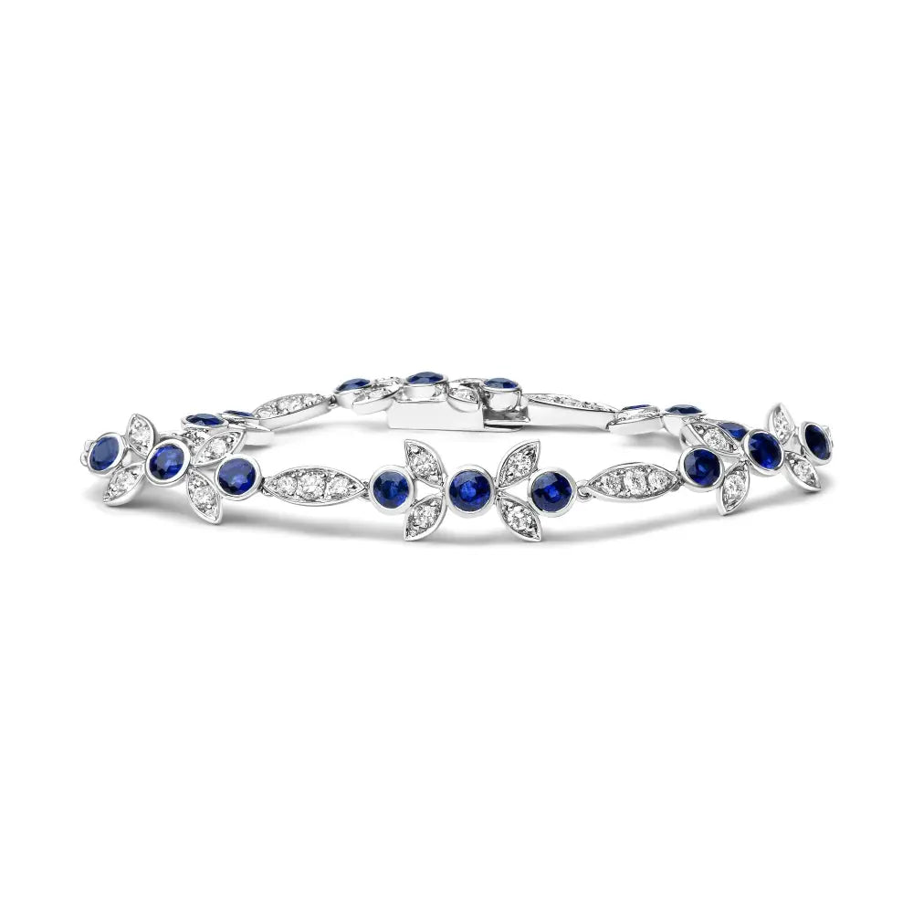 18K White Gold 1 3/4 Cttw Diamond and 3x3mm Round Blue Sapphire Gemstone Floral Link Bracelet (G-H Color, SI1-SI2 Clarity) - Size 7" - Bijoux-NYC Direct