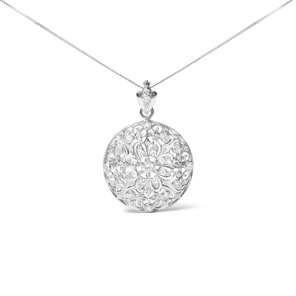 18K White Gold 1 5/6 Cttw Diamond Cluster Floral Filigree Brooch Pin and 18" Pendant Necklace (G-H Color, I1-I2 Clarity) - Bijoux-NYC Direct