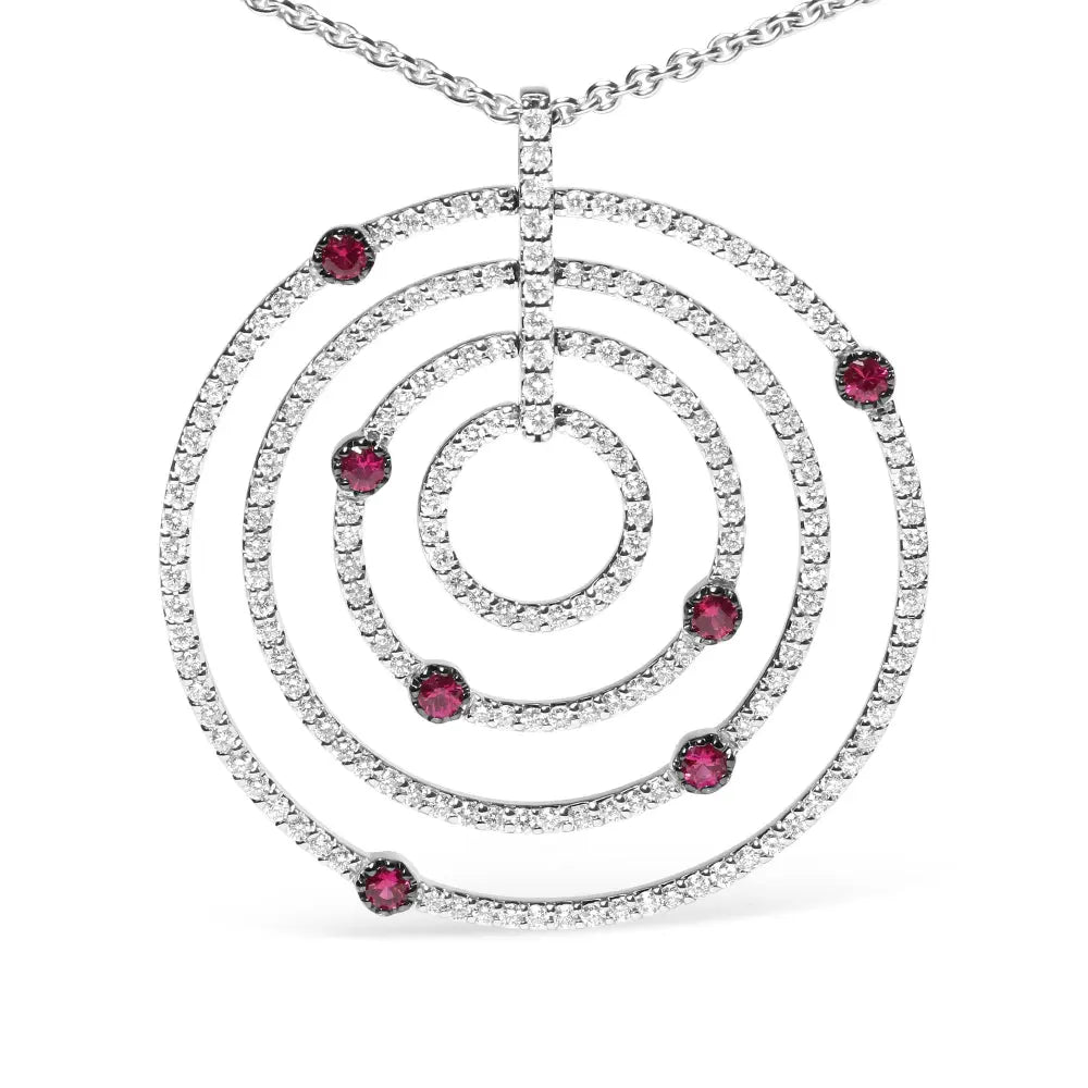18K White Gold 2 1/6 Cttw Pave Set Diamonds and Red Ruby Openwork Circles 18" Pendant Necklace (G-H Color, SI2-I1 Clarity) - Adjustable up to 16" - 18" - Bijoux-NYC Direct