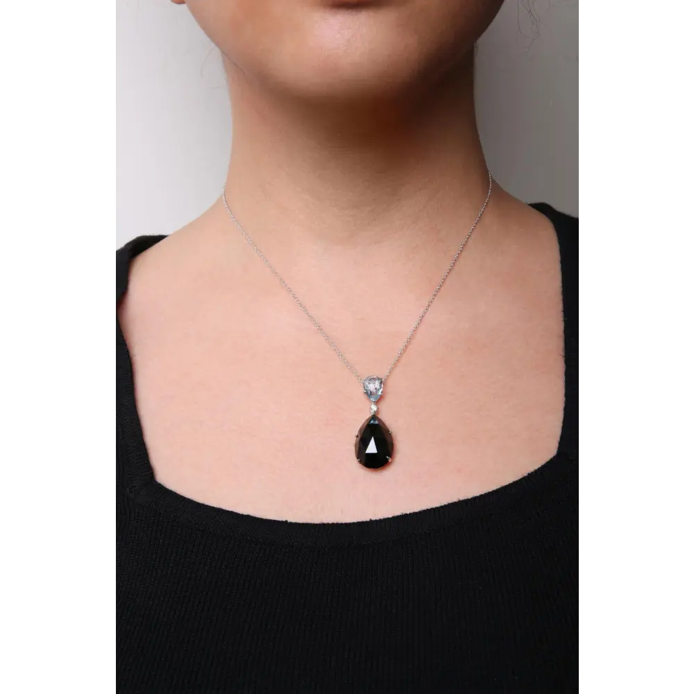 18K White Gold Diamond Accent and Pear Cut Sky Blue Topaz and Pear Cut Black Onyx Dangle Drop 18" Pendant Necklace (G-H Color, SI1-SI2 Clarity) - Bijoux-NYC Direct