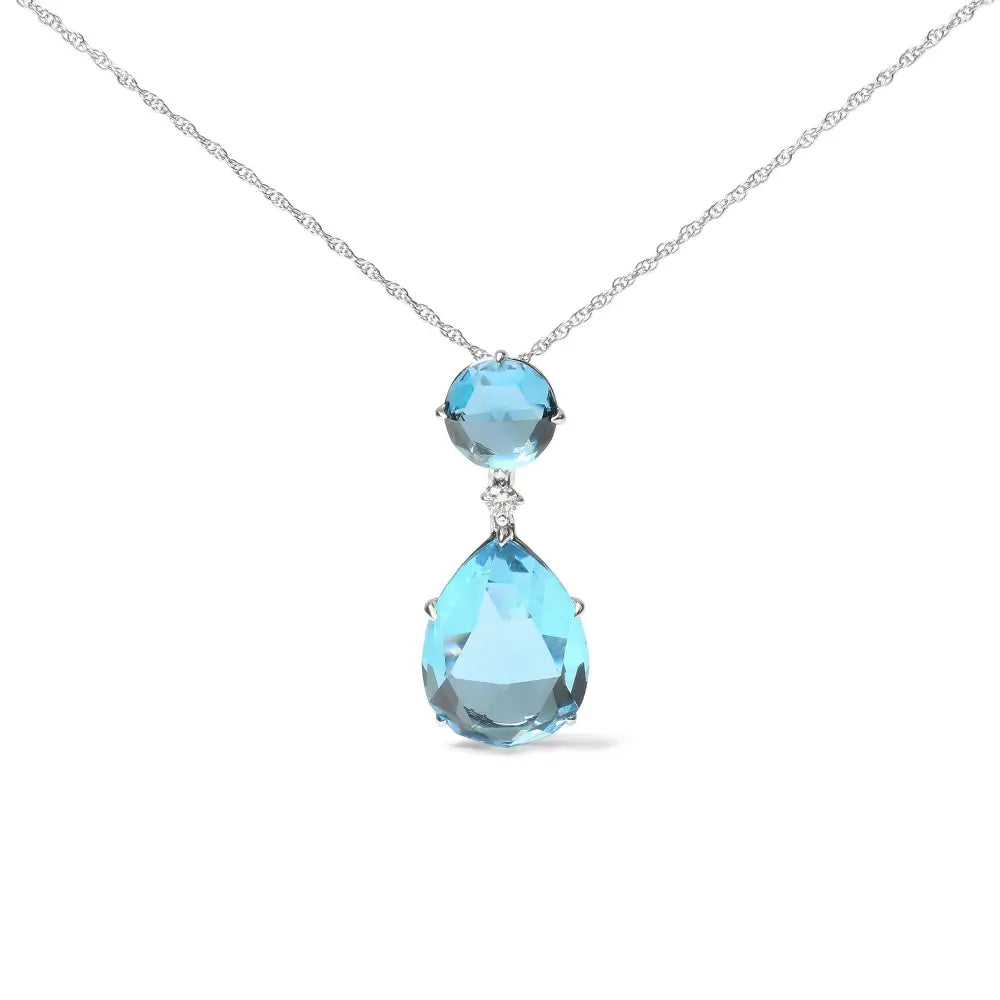 18K White Gold Diamond Accent and Round London Blue Topaz and Pear Cut Sky Blue Topaz Dangle Drop 18" Pendant Necklace (G-H Color, SI1-SI2 Clarity) - Bijoux-NYC Direct