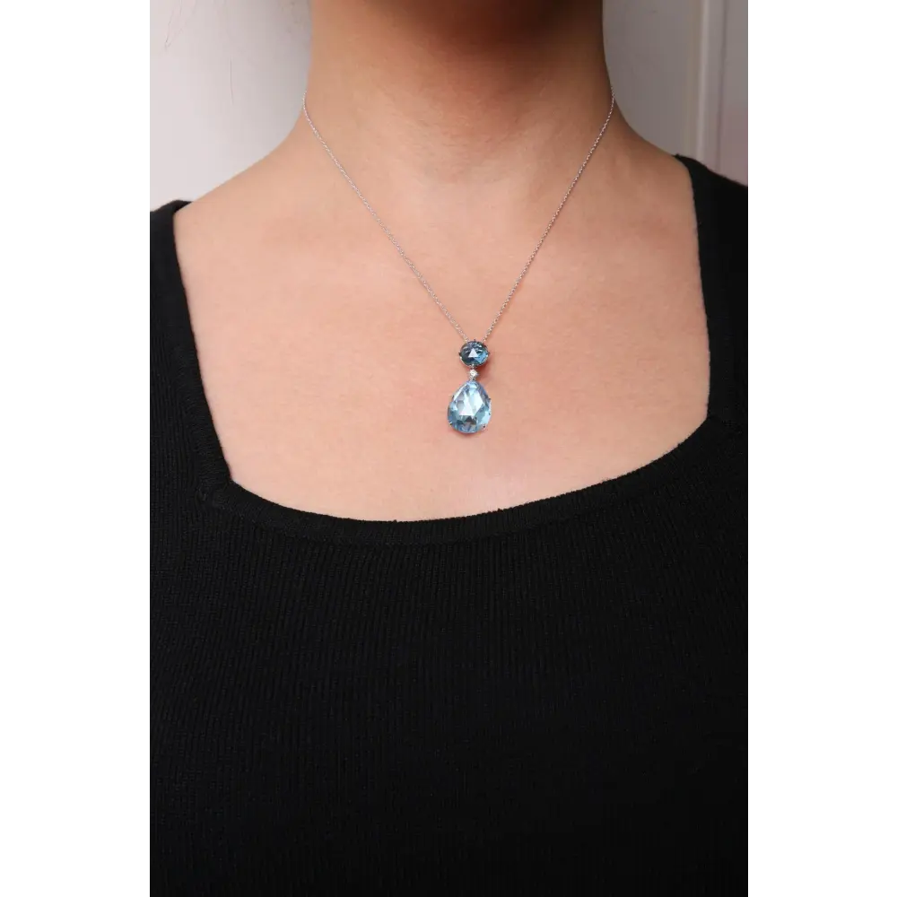 18K White Gold Diamond Accent and Round London Blue Topaz and Pear Cut Sky Blue Topaz Dangle Drop 18" Pendant Necklace (G-H Color, SI1-SI2 Clarity) - Bijoux-NYC Direct
