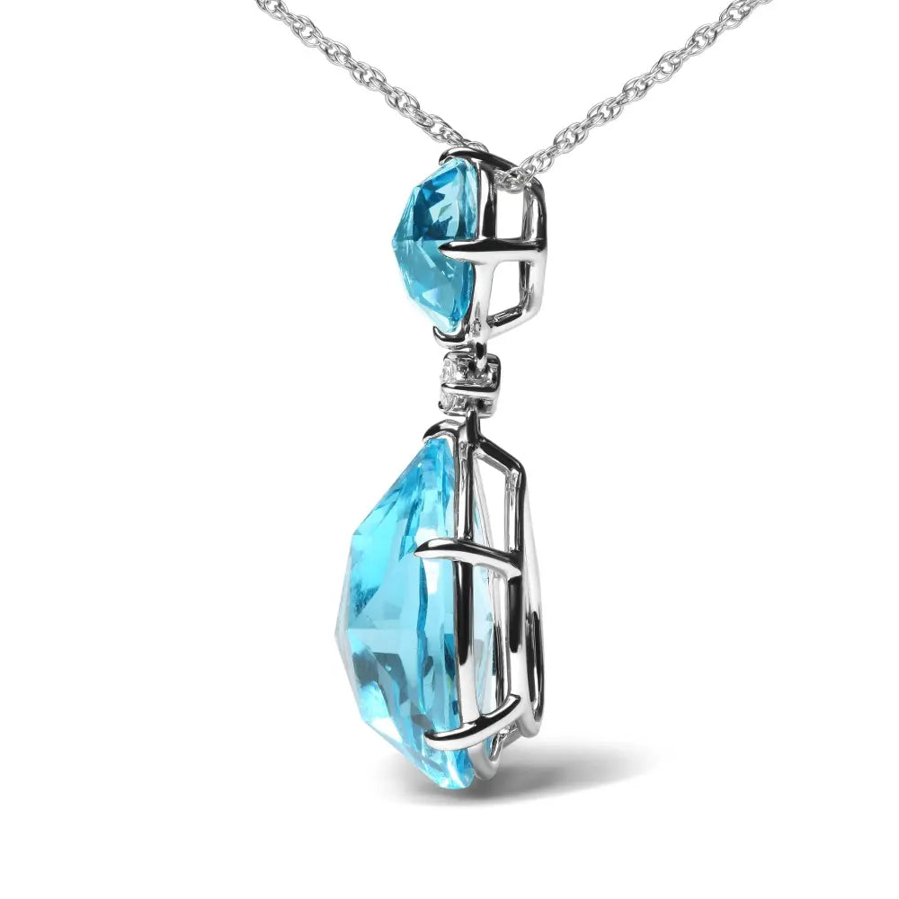 18K White Gold Diamond Accent and Round London Blue Topaz and Pear Cut Sky Blue Topaz Dangle Drop 18" Pendant Necklace (G-H Color, SI1-SI2 Clarity) - Bijoux-NYC Direct