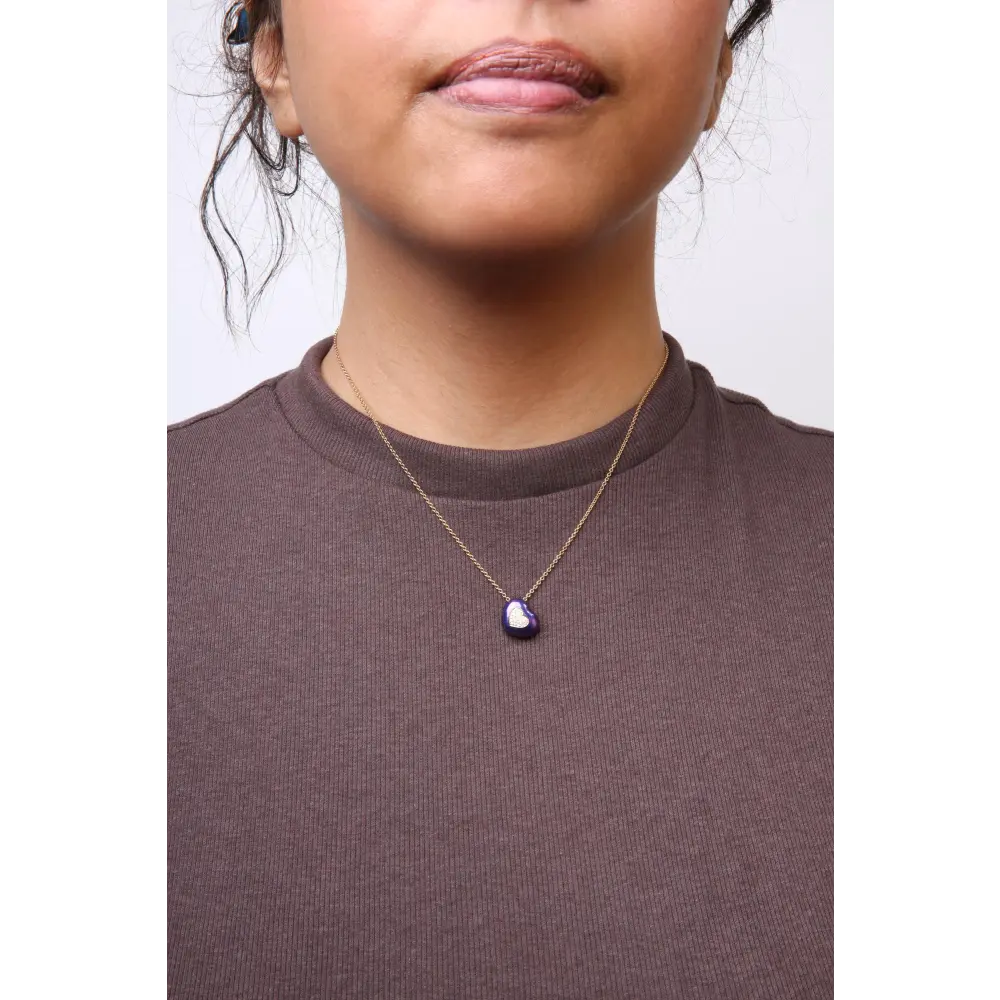 18K Yellow Gold Blue Enamel 1/10 Cttw Round Pave Diamonds Heart Shape 18" Pendant Necklace (G-H Color, SI1-SI2 Clarity) - Adjustable up to 16" - 18" - Bijoux-NYC Direct