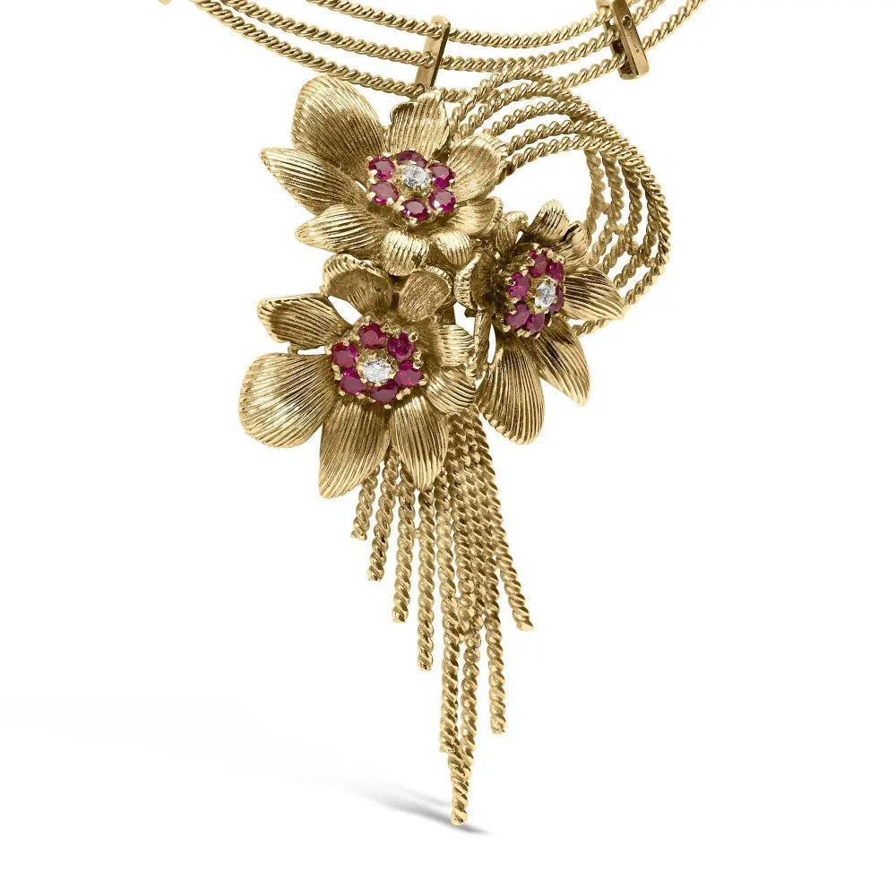 18k yellow gold diamond and red ruby floral cascade statement necklace with 16’’ inch bead chain (f g color vs1 vs2 clarity)