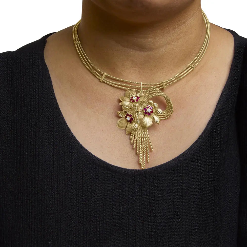 18k yellow gold diamond and red ruby floral cascade statement necklace with 16’’ inch bead chain (f g color vs1 vs2 clarity)