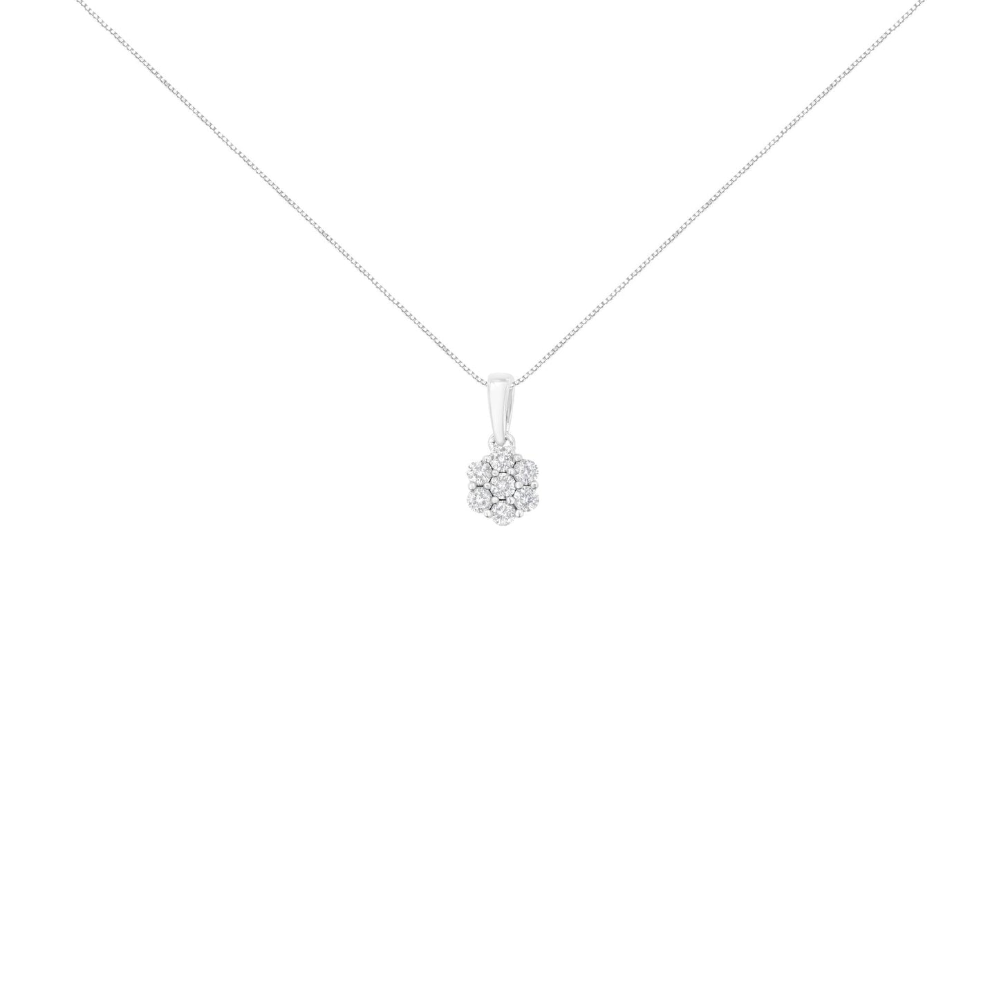 14K White Gold 1/2 cttw Prong Set Round-Cut Diamond 7 Stone Floral Cluster 18" Pendant Necklace (H-I Color, I1-I2 Clarity) - Bijoux-NYC Direct