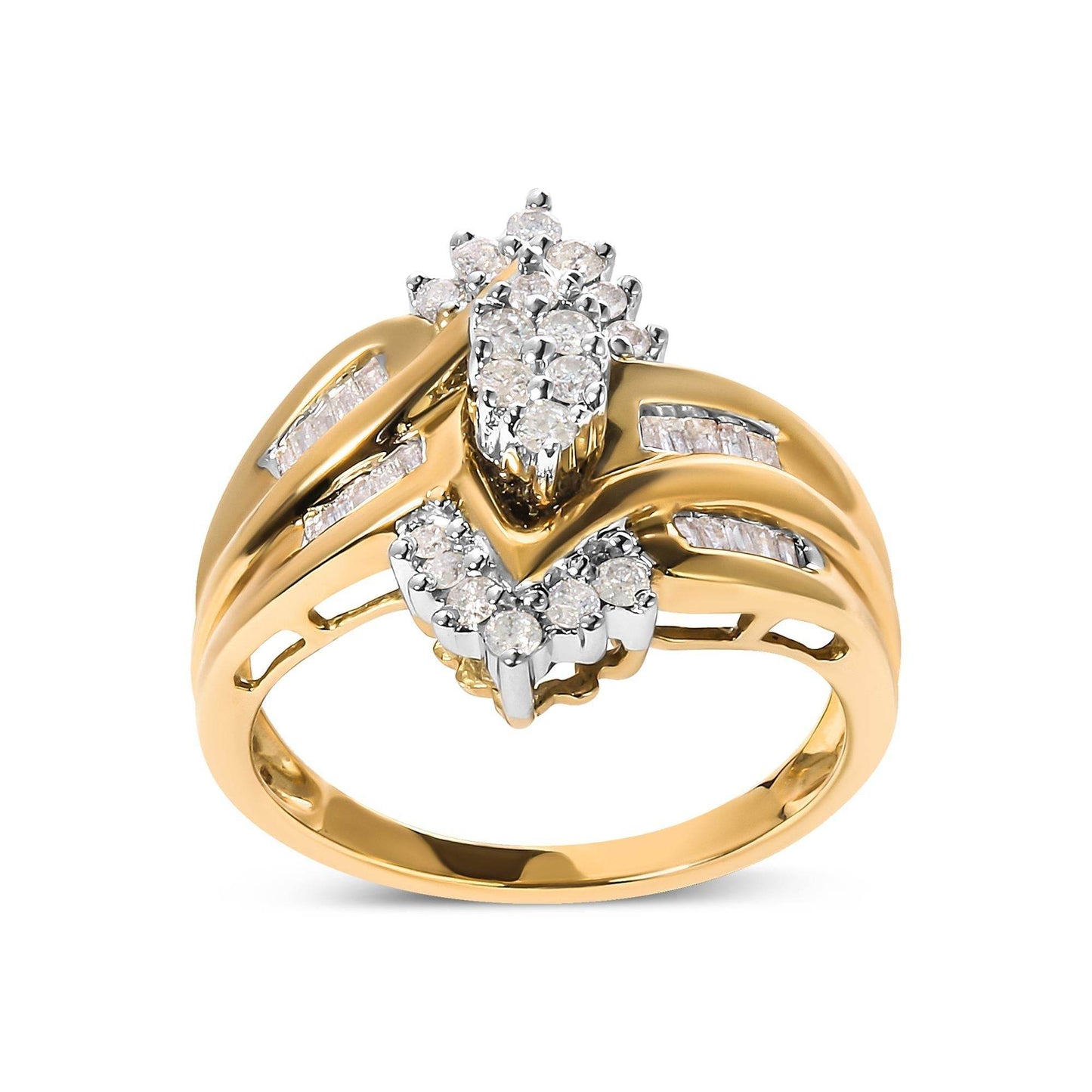 10K Two-Toned 1/2 Cttw Round And Baguette-Cut Composite Pear Head Diamond Ring (H-I Color, I2-I3 Clarity) - Bijoux-NYC Direct