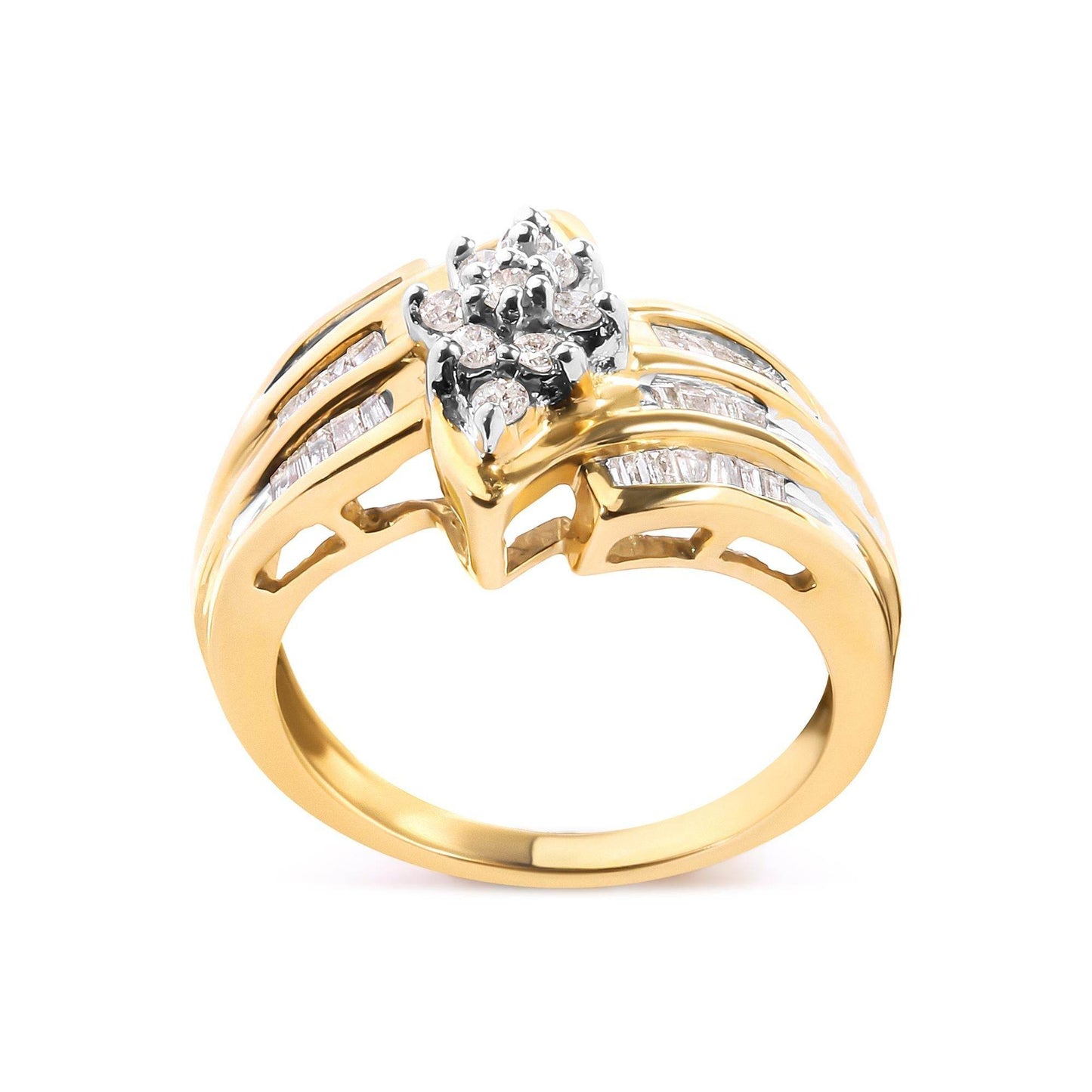 10K Yellow Gold 1/2 Cttw Round And Baguette-cut Diamond Cluster Head and Channel Set Shank Ring (H-I Color, I1-I2 Clarity) - Bijoux-NYC Direct