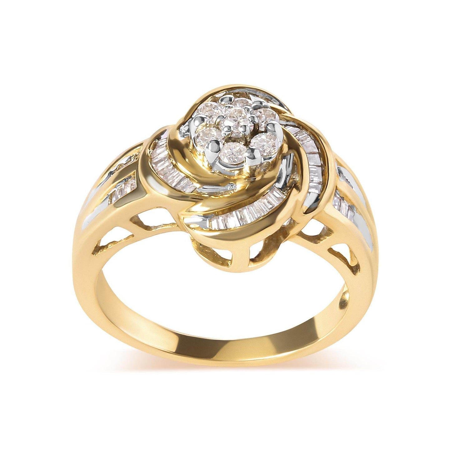 10K Yellow Gold 1/2 Cttw Round and Baguette Diamond Flower Swirl Cocktail Ring (I-J Color, SI2-I1 Clarity) - Bijoux-NYC Direct