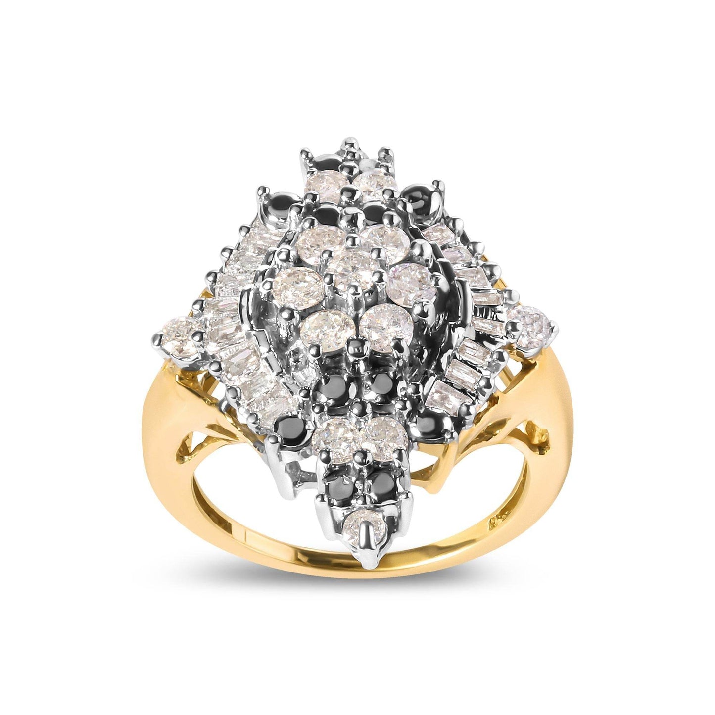 10K Yellow Gold 1 Cttw Round and Baguette cut Diamond Cluster and Rhombus Halo Ring (H-I Color, I1-I2 Clarity) - Bijoux-NYC Direct