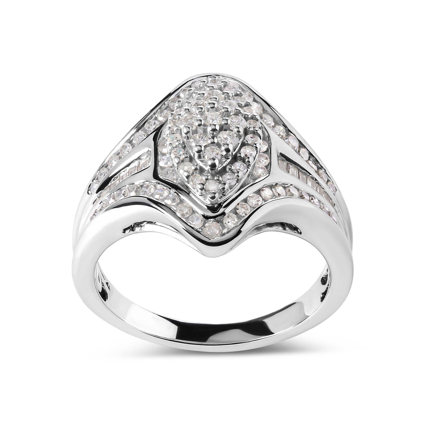 14K White Gold 3/4 Cttw Round and Baguette cut Diamond Cluster Ring (H-I Color, I1-I2 Clarity) - Bijoux-NYC Direct