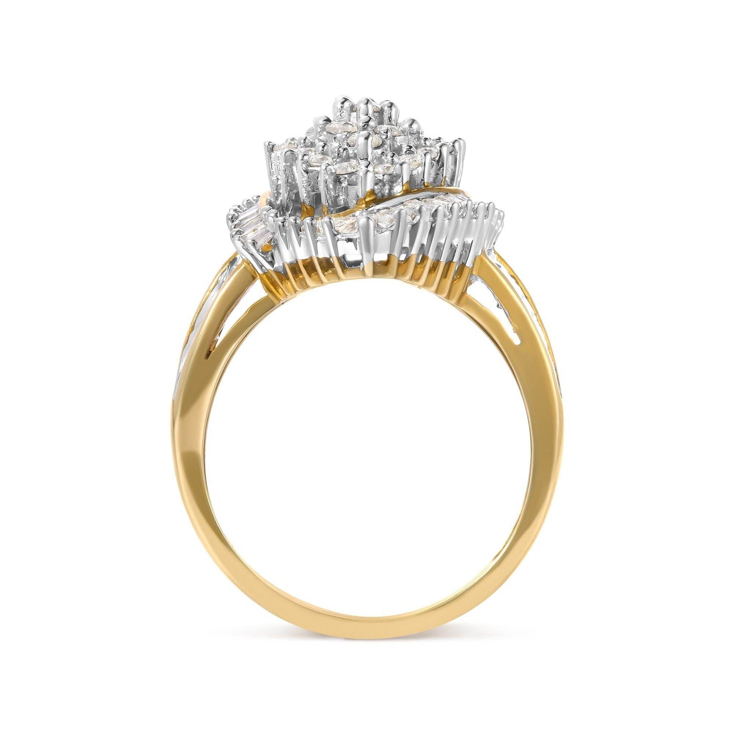 10K Yellow Gold 1.0 Cttw Round and Baguette-Cut Diamond Cluster Ring (I-J Color, SI2-I1 Clarity) - Bijoux-NYC Direct