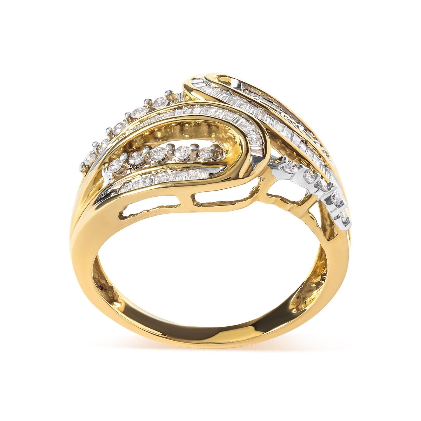 10K Yellow Gold 1/2 Cttw Round and Baguette cut Diamond Open Space Bypass Ring (H-I Color, SI2-I1 Clarity) - Bijoux-NYC Direct
