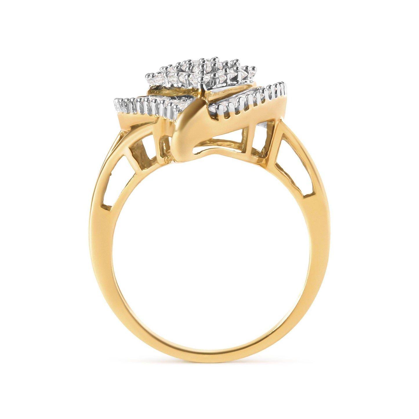 10K Yellow Gold 1 Cttw Round and Baguette Cut Diamond Ballerina Cluster Ring (H-I Color, SI2-I1 Clarity) - Bijoux-NYC Direct