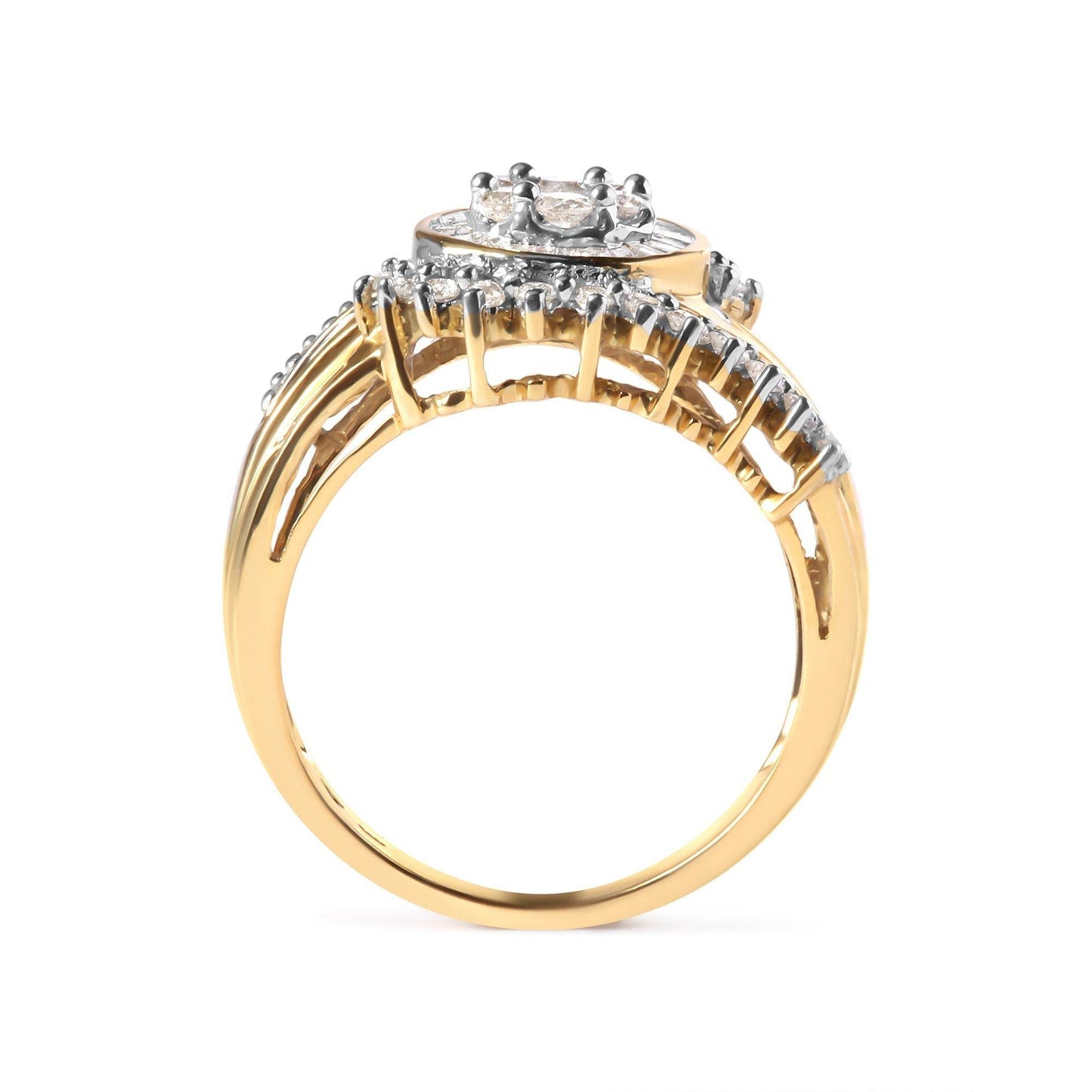 10K Yellow Gold 1 Cttw Round and Baguette cut Diamond Cluster Swirl Band Ring (H-I Color, I1-I2 Clarity) - Bijoux-NYC Direct