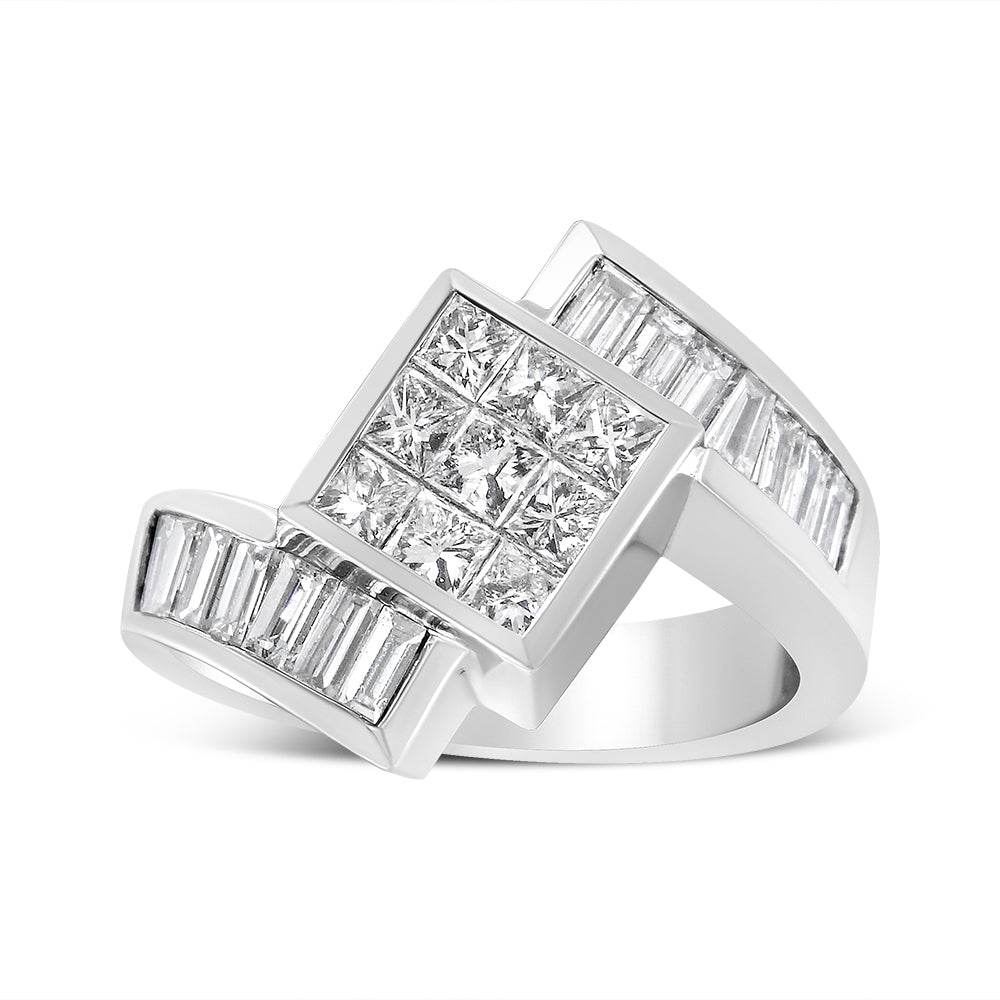 14K White Gold 2 1/5 Cttw Invisible-Set Princess and Channel-Set Baguette Diamond Bypass Kite-Set Ring (G-H Color, VS2-SI1 Clarity) - Bijoux-NYC Direct