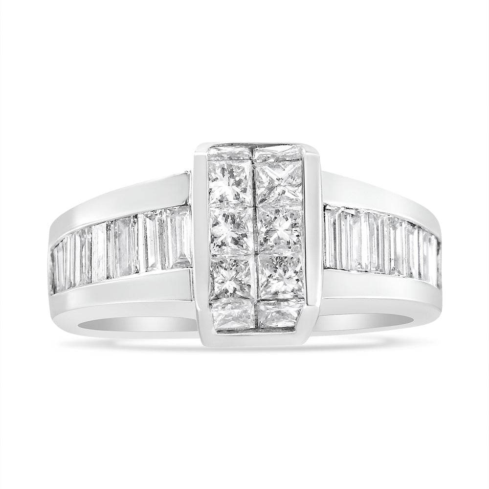 14K White Gold 2 3/4 Cttw Invisible-Set Princess and Channel-Set Baguette Diamond Step Up Cocktail Ring (G-H Color, SI1-SI2 Clarity) - Bijoux-NYC Direct