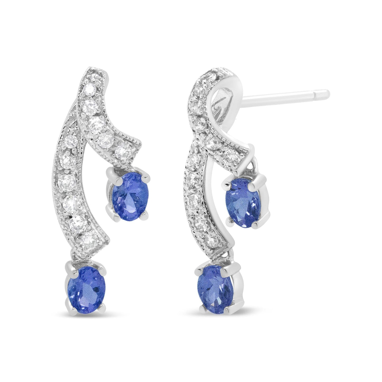 14K White Gold 4x3MM Oval Shaped Natural Blue Tanzanite Gemstone and 1/5 Cttw Diamond Double 3/4" Inch Drop Stud Earrings (H-I Color, VS1-VS2 Clarity) - Bijoux-NYC Direct