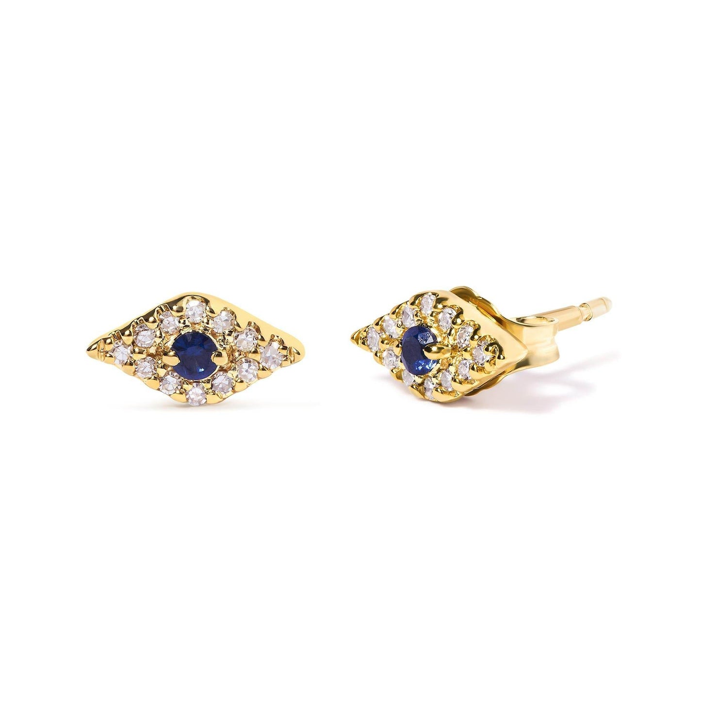 10K Yellow Gold Blue Sapphire and Diamond Accent Evil Eye Stud Earring (H-I Color, I1-I2 Clarity) - Bijoux-NYC Direct