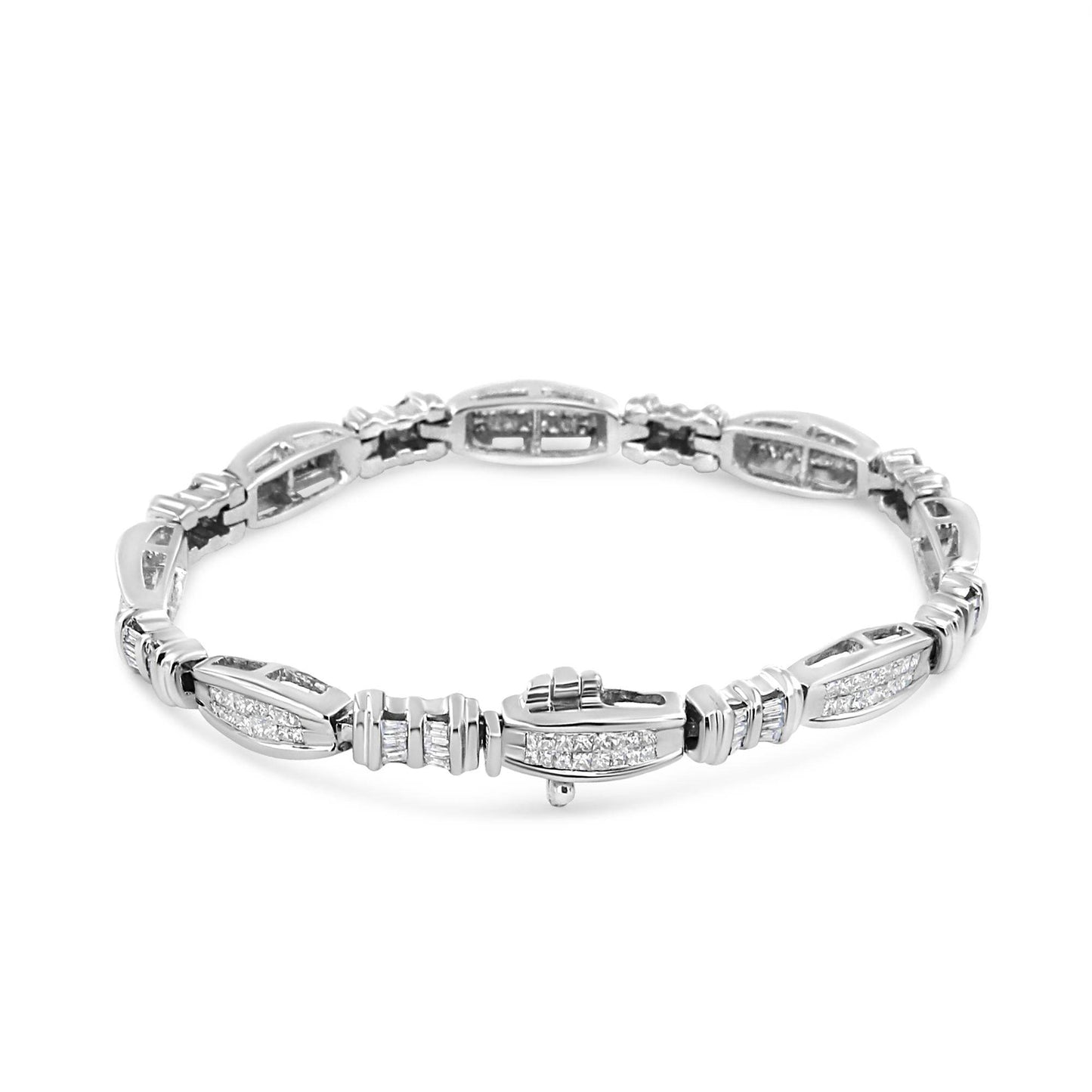 14K White Gold 2.0 Cttw Channel-Set Alternating Baguette and Princess-Cut Diamond Link Bracelet (H-I Color, SI2-I1 Clarity) - Size 7 - Bijoux-NYC Direct