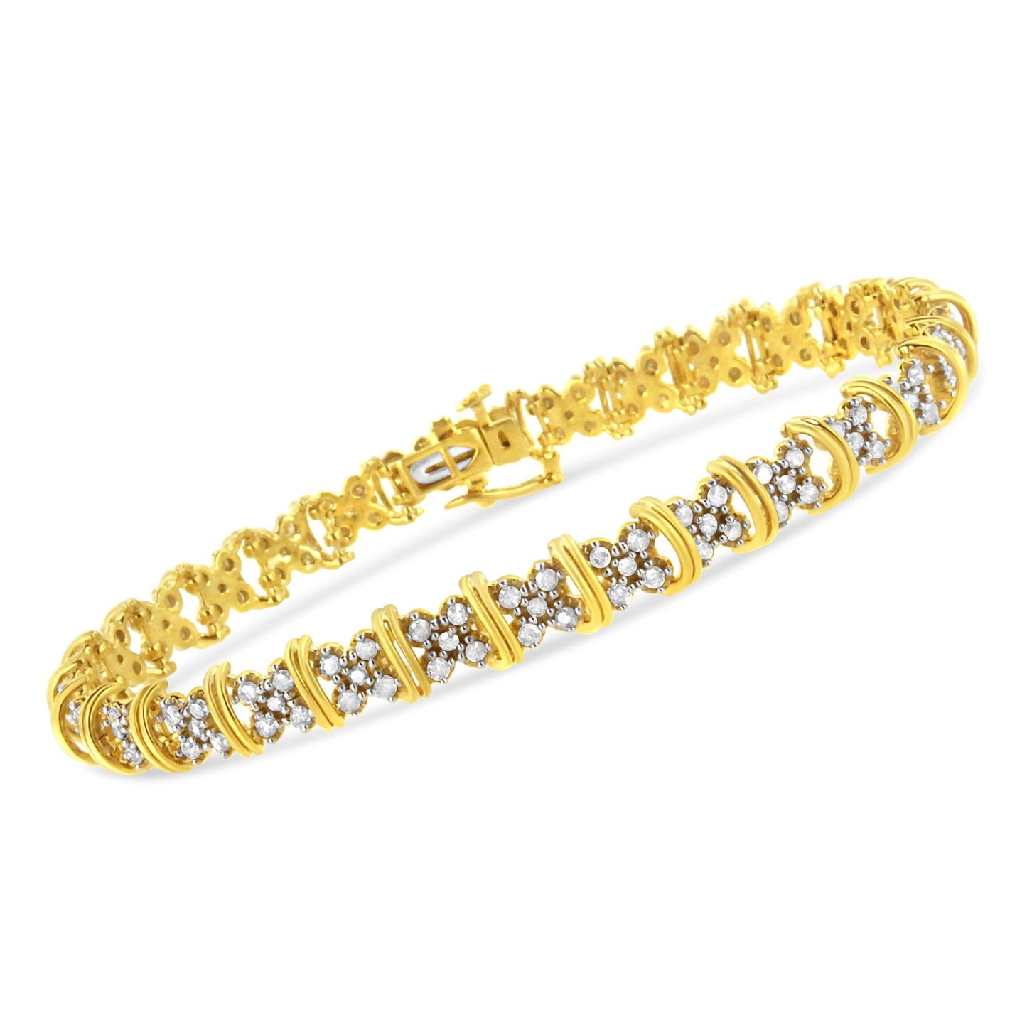 10K Yellow Gold Plated .925 Sterling Silver 2.0 Cttw Round Diamond Cluster "X" Shaped Link Bracelet (H-I Color, I3 Clarity) - 7" - Bijoux-NYC Direct