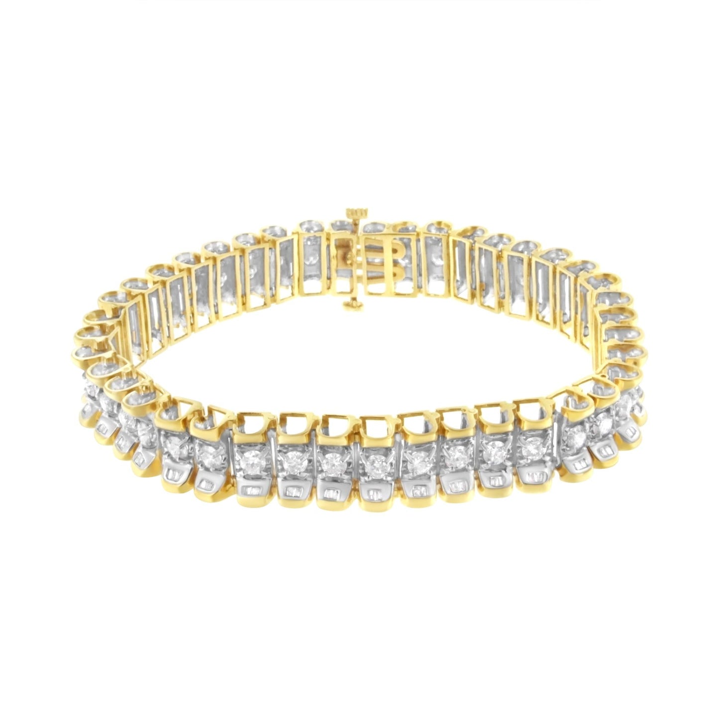14K Yellow and White Gold 5.0 Cttw Round & Baguette Cut Diamond 7" Reflective Tennis Bracelet (H-I Color, I1-I2 Clarity) - Bijoux-NYC Direct
