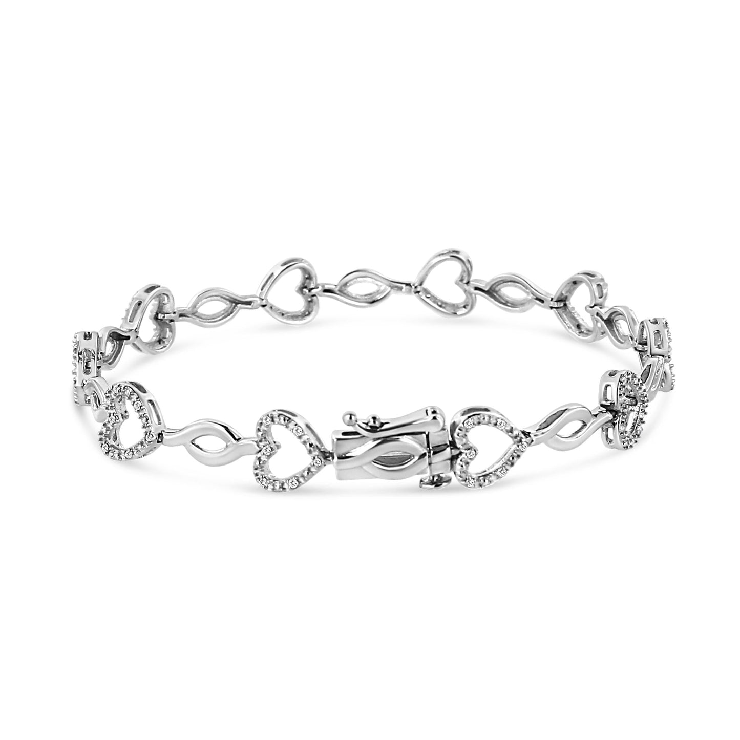 .925 Sterling Silver 1/4 Cttw Round-Cut Diamond Alternating Heart and Leaf Link Bracelet (I-J Color, I3 Clarity) - Size 7.25" - Bijoux-NYC Direct