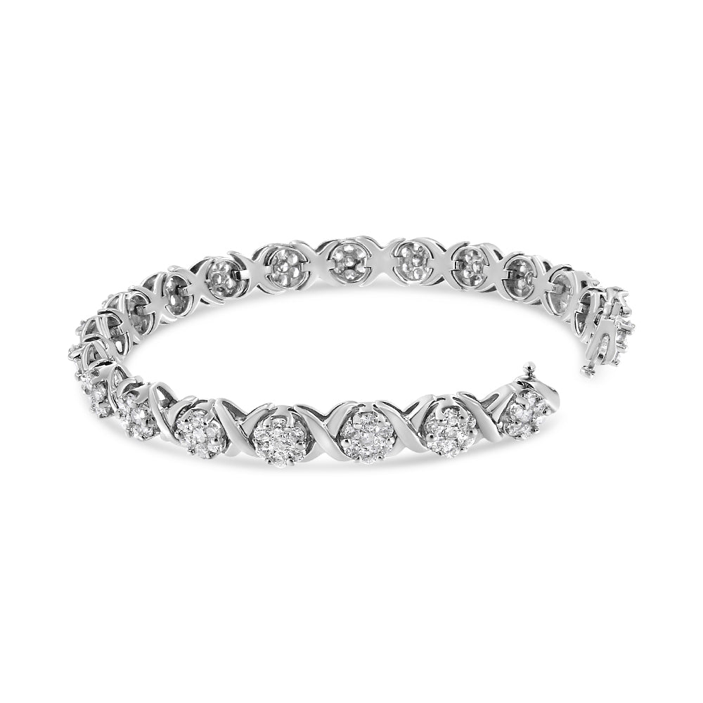 14K White Gold 6-1/3 Cttw Round Brilliant-Cut Diamond Round Cluster & X-Link 7" Tennis Bracelet (I-J Color, SI2-I1 Clarity) - Bijoux-NYC Direct