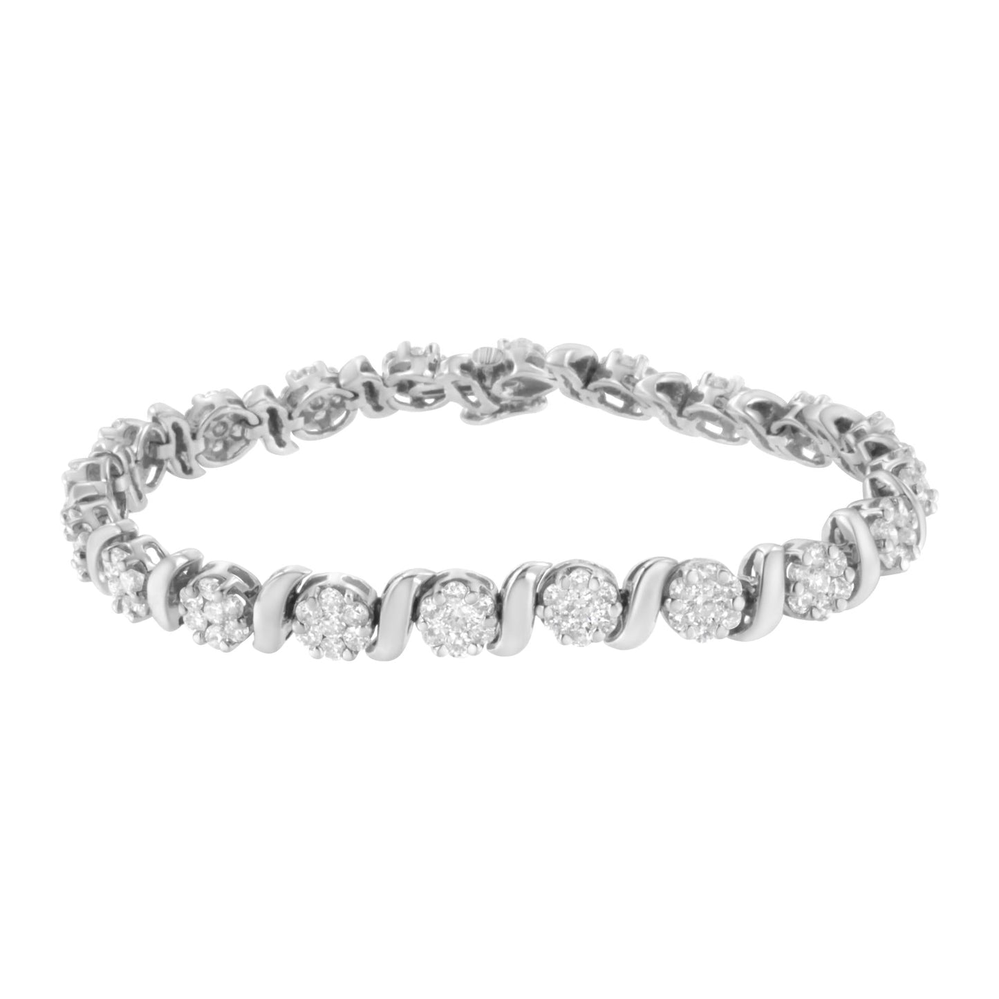 14K White Gold 5 1/4 cttw Diamond S-Link Floral Cluster Tennis Bracelet (I-J Clarity, SI2-I1 Color) - Size 7" - Bijoux-NYC Direct