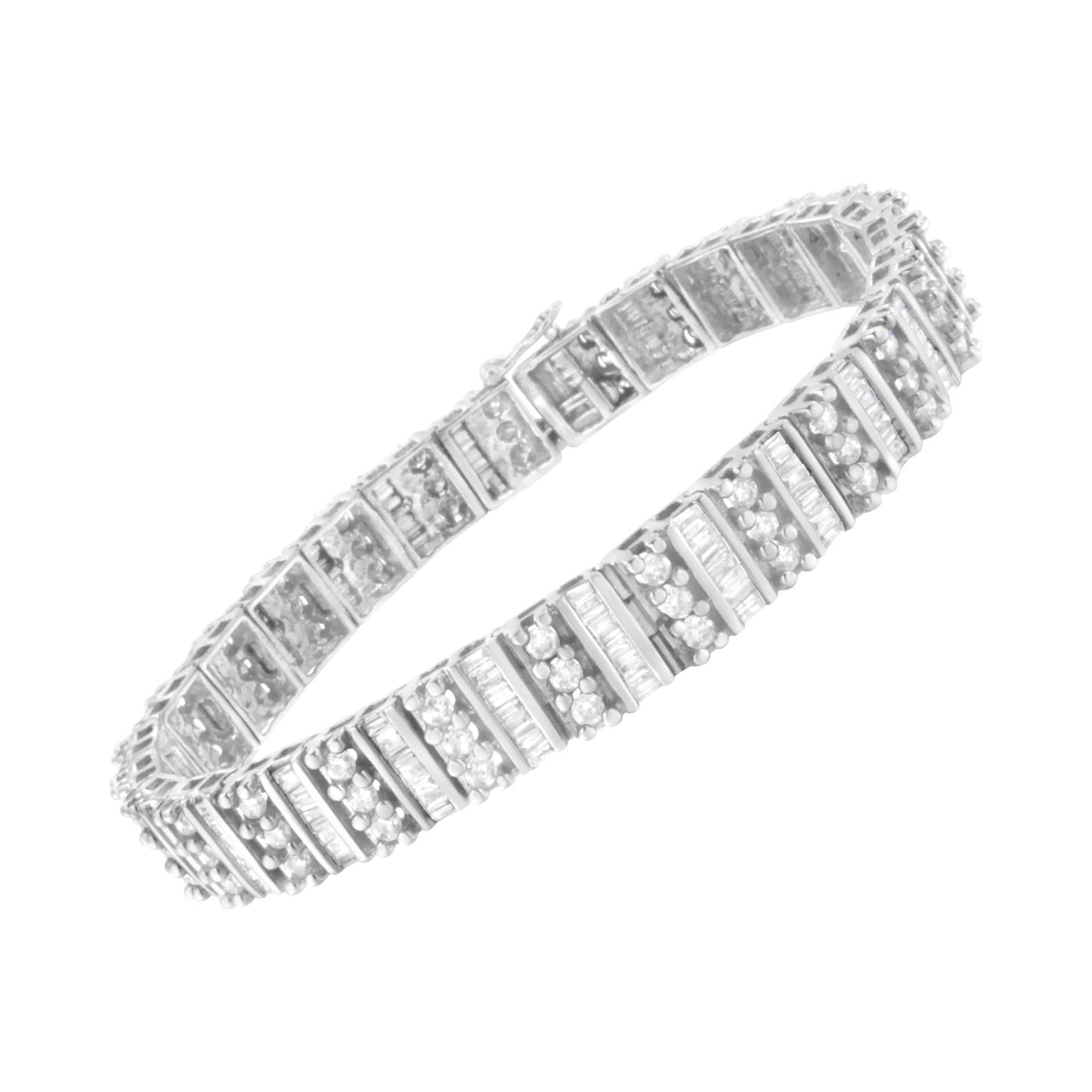 14K White Gold 4 7/8 cttw Baguette & Round Brilliant-Cut Diamond Channel- & Prong-Set Tennis Bracelet (I-J Color, I1-I2 Clarity) - Size 7.25" - Bijoux-NYC Direct