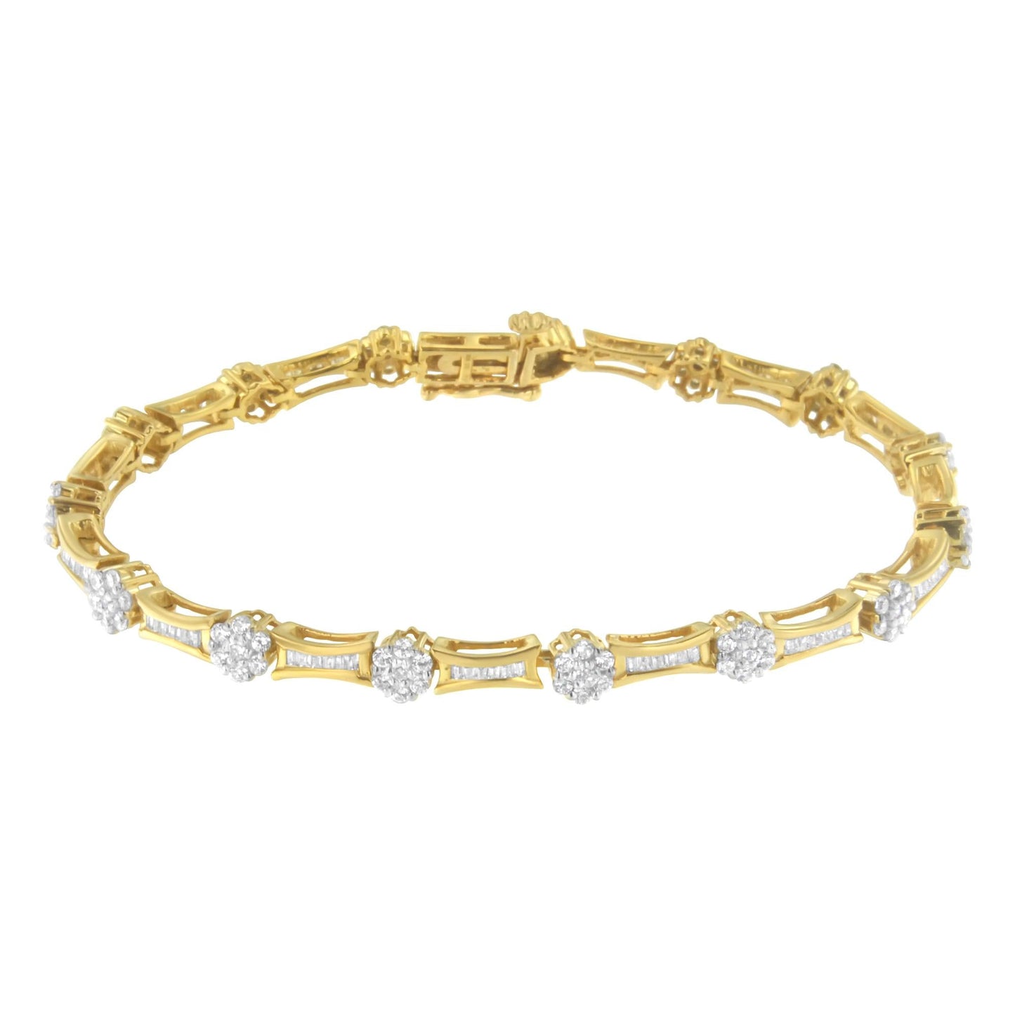 10K Yellow and White Gold 2.00 cttw Round and Baguette-Cut Diamond Link Bracelet (I-J Color, I2-I3 Clarity) - Size 7.25" - Bijoux-NYC Direct