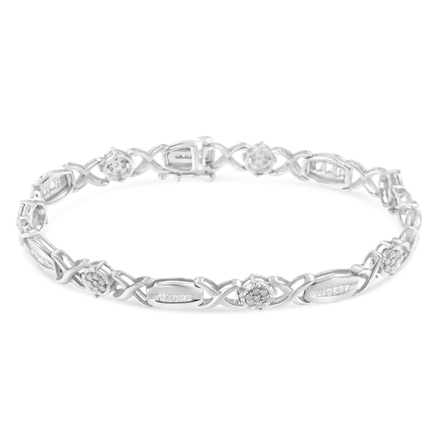.925 Sterling Silver 1.0 Cttw Round-Cut and Baguette-Cut Diamond X-Link Bracelet (I-J Color, I1-I2 Clarity) - 7" - Bijoux-NYC Direct