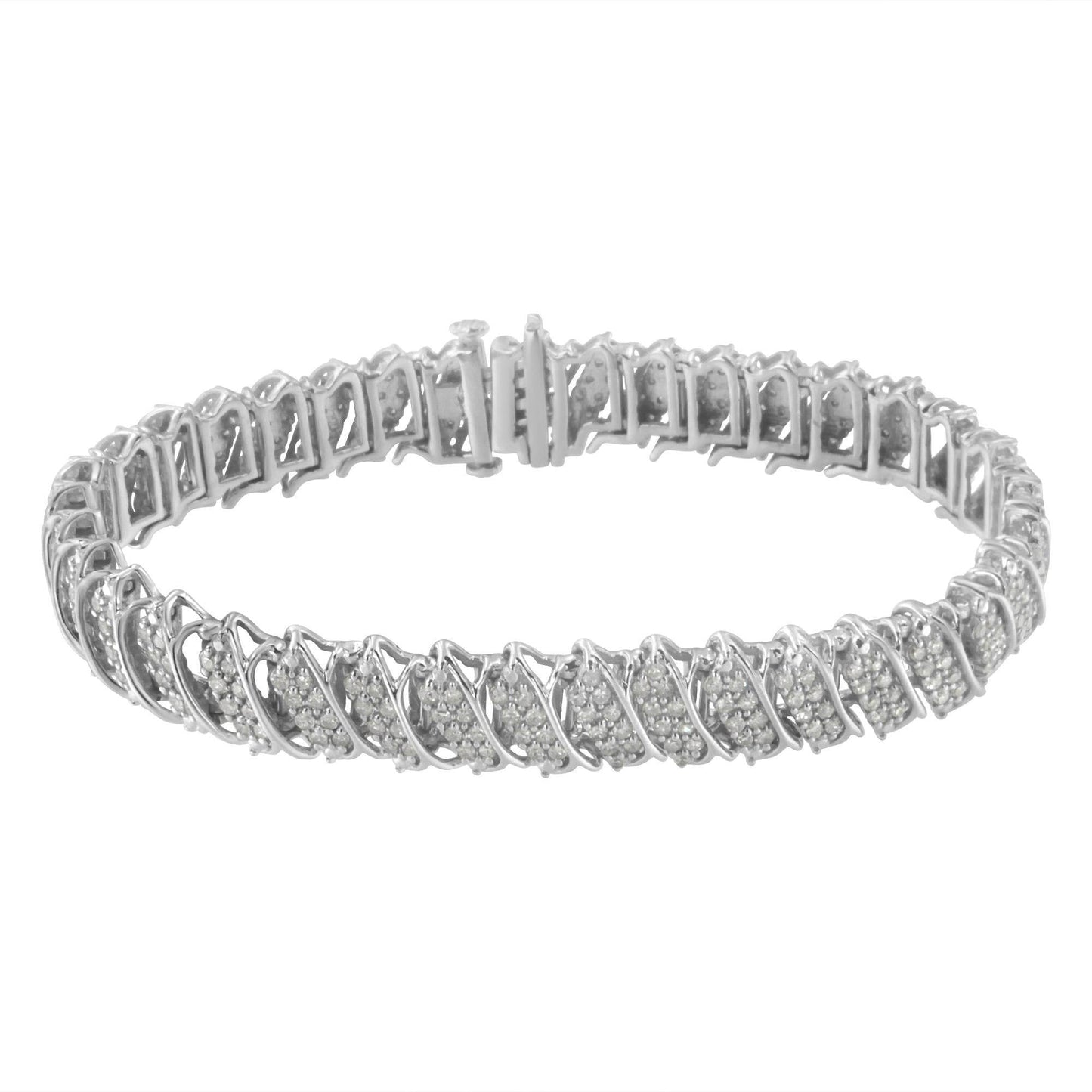 .925 Sterling Silver 3.0 Cttw Diamond Multi Row Cluster Slanted Wave Link 7-¼” Tennis Bracelet (I-J Color, I2-I3 Clarity) - Bijoux-NYC Direct