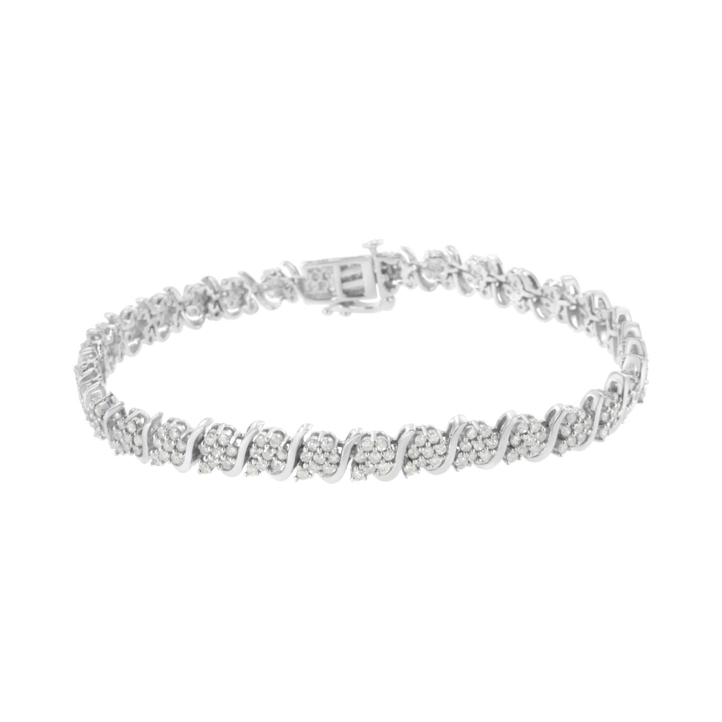 .925 Sterling Silver Diamond Floral Cluster Link Bracelet (2 3/4 cttw, I-J Color, I3 Clarity) - Size 7.25" - Bijoux-NYC Direct