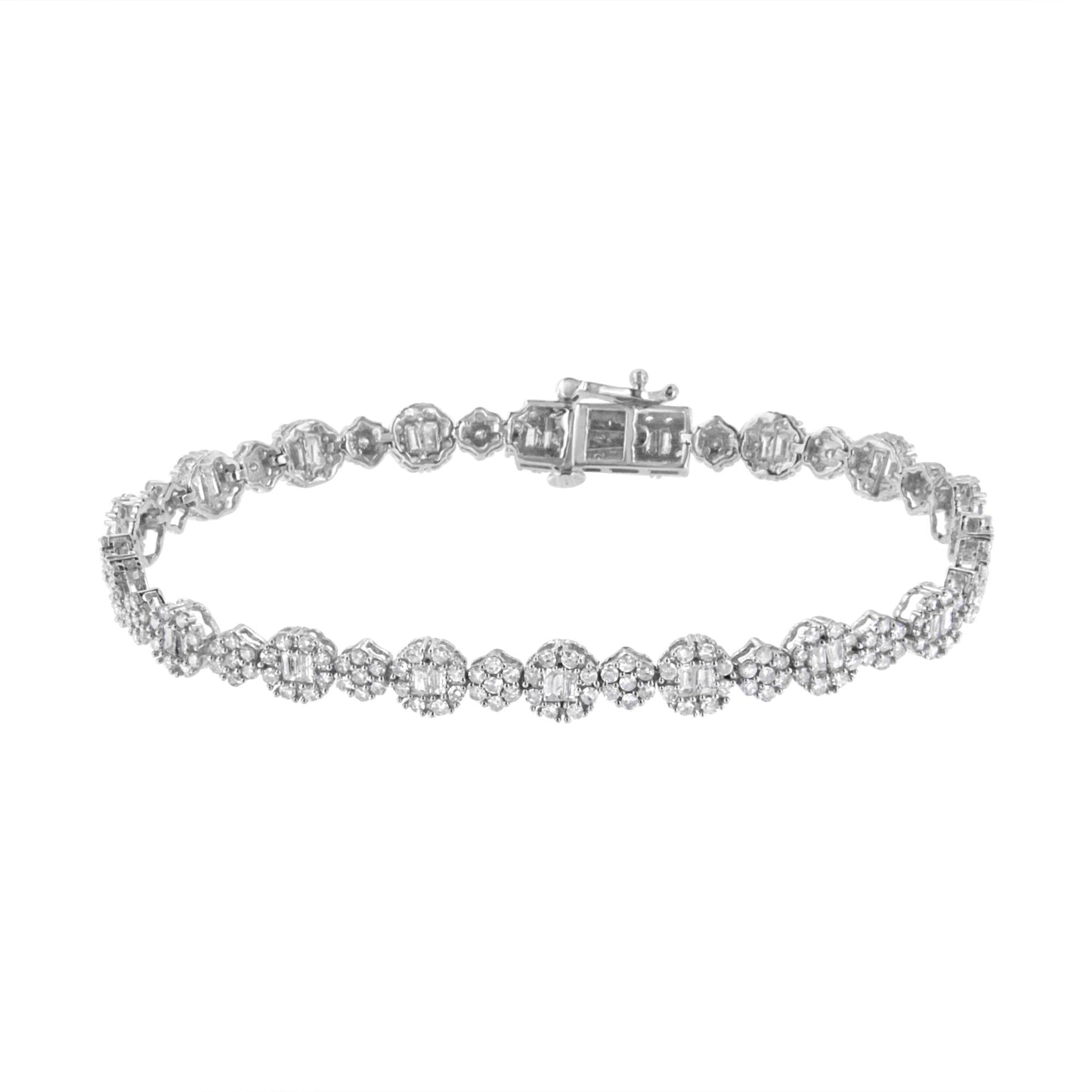 10K White Gold 4.0 cttw Brilliant Round-cut and Baguette Diamond Floral Cluster Link Bracelet (I-J Clarity, I1-I2 Color) - Size 7" - Bijoux-NYC Direct