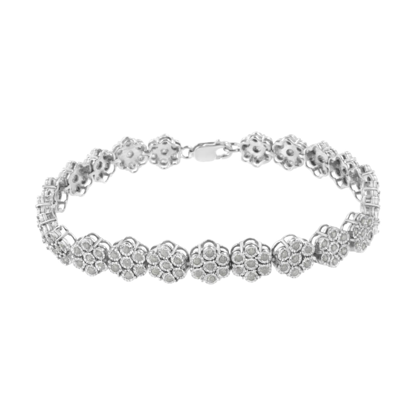 .925 Sterling Silver 2.0 cttw Diamond 7 Stone Floral Cluster Link Bracelet (I-J Color, I3 Clarity) -7.25" - Bijoux-NYC Direct