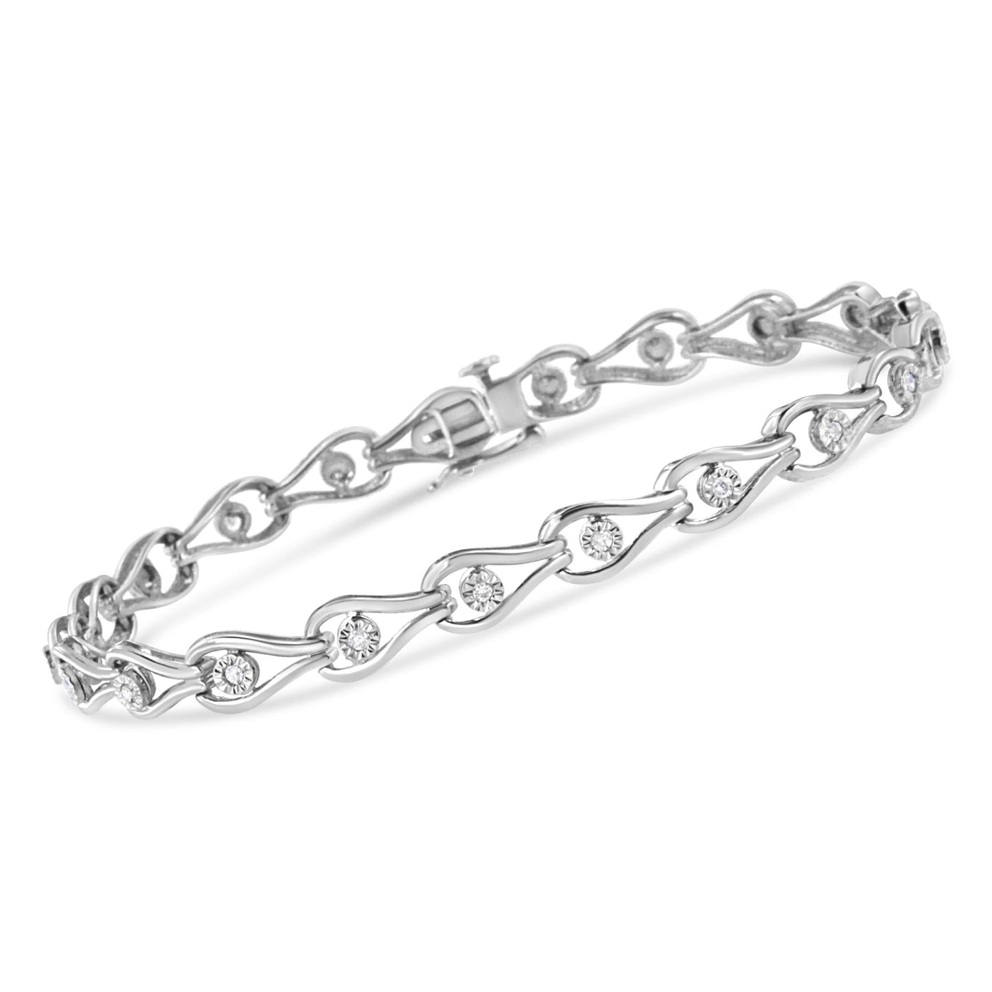 .925 Sterling Silver 1/10 Cttw Miracle-Set Diamond Pear Shape and Bezel Link Bracelet (I-J Color, I3 Clarity) - 7.25" - Bijoux-NYC Direct