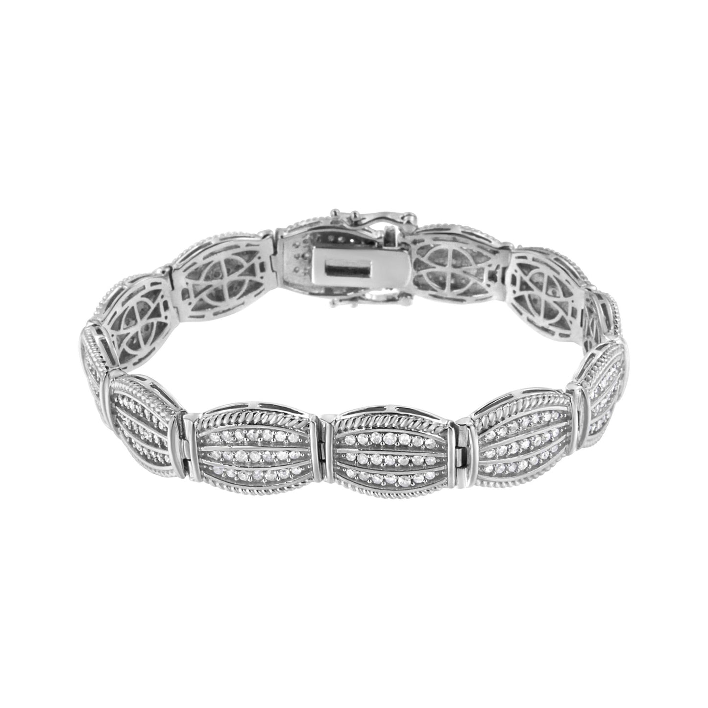.925 Sterling Silver 3 cttw Diamond Art-Deco Style Link Bracelet (I-J, I2-I3) - Size 7.25" - Bijoux-NYC Direct