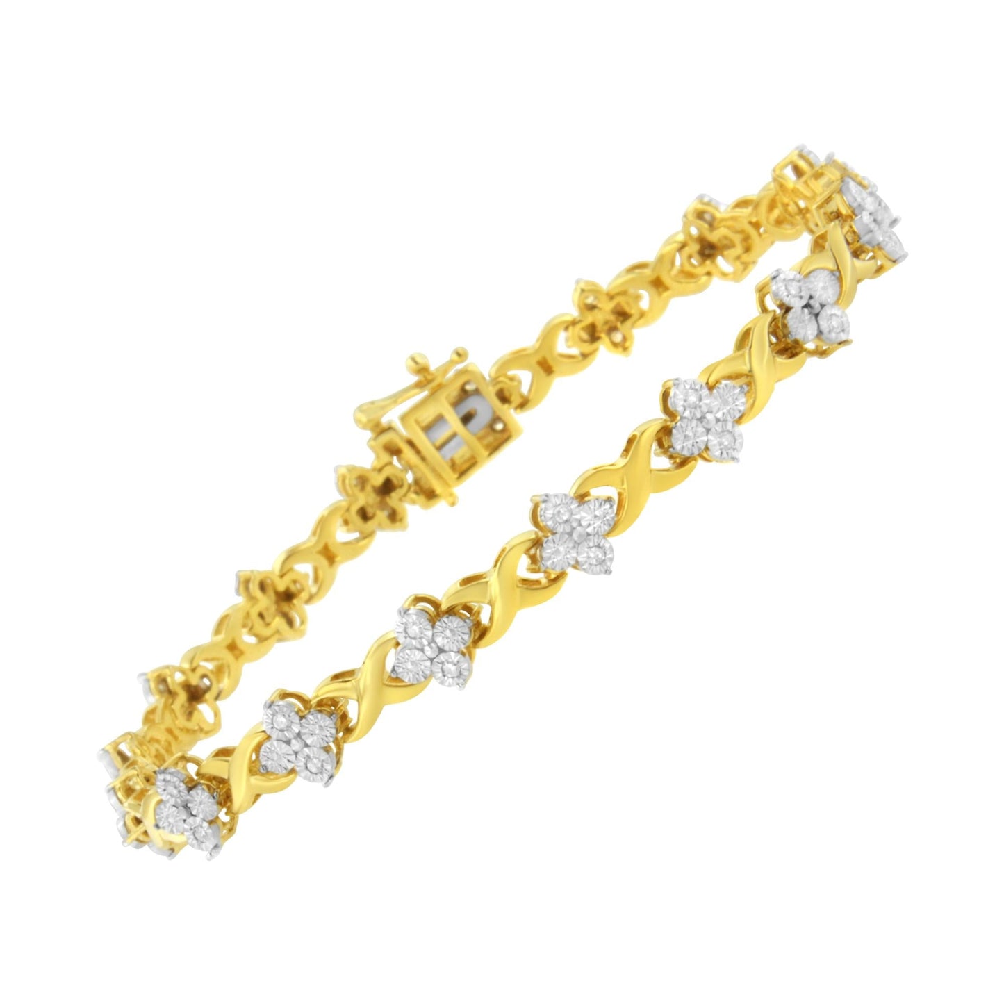 10K Yellow Gold Plated Sterling Silver 1/4 cttw Diamond 4 Leaf Clover Link Tennis Bracelet (I-J Color, I2-I3 Clarity) - Size 7.25" - Bijoux-NYC Direct