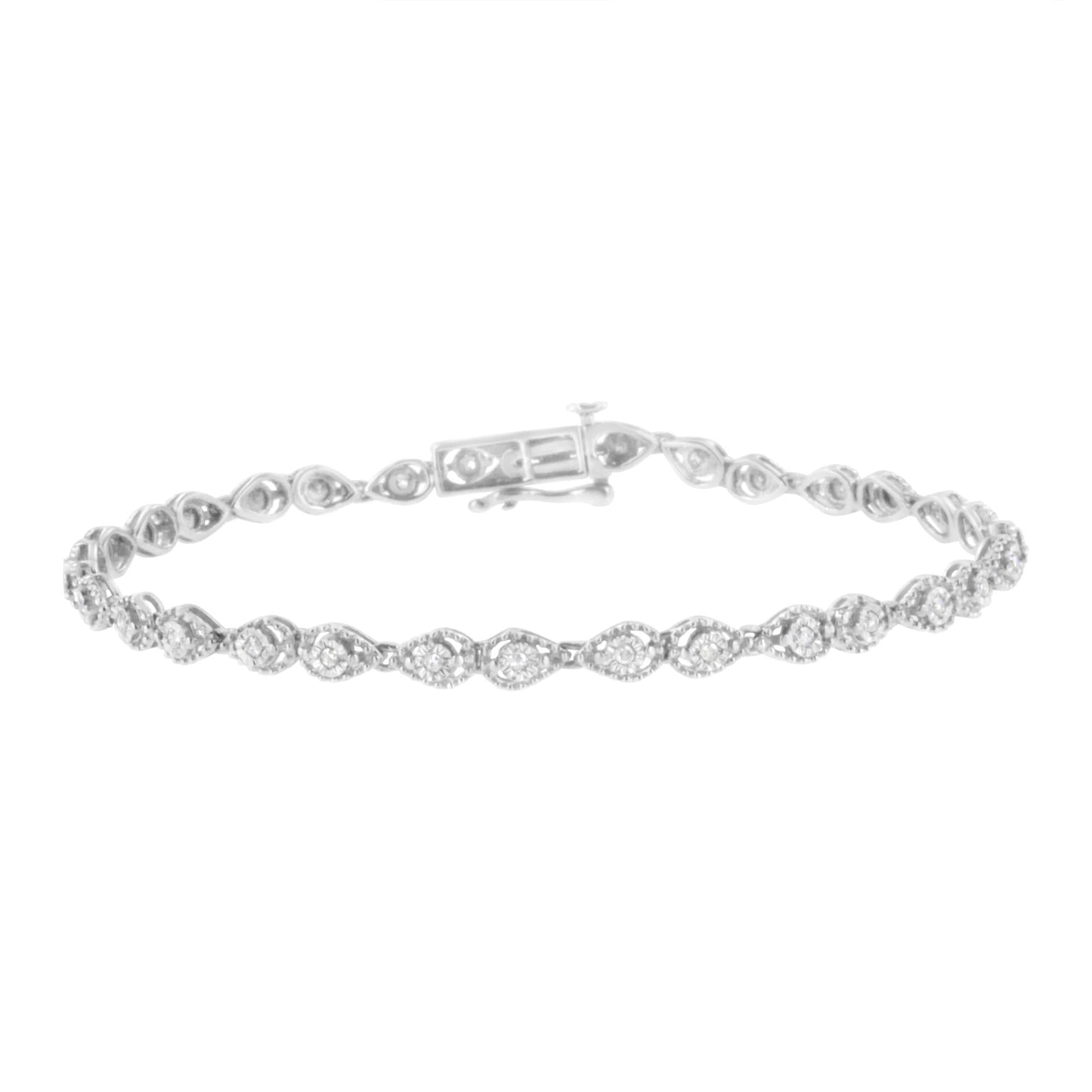 .925 Sterling Silver 1/2 cttw Miracle-Set Diamond Pear Shaped Link Bracelet (I-J Color, I3 Clarity) - Size 7.25" - Bijoux-NYC Direct