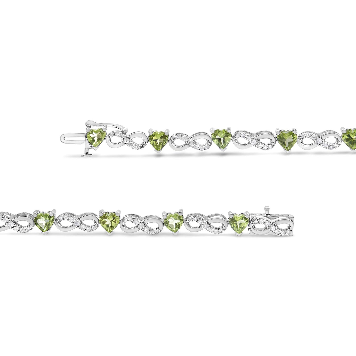 .925 Sterling Silver 1.00 Cttw Diamond and 4.00mm Lab Created Green Heart-Shaped Peridot Infinity Link Bracelet (I-J Color, I2-I3 Clarity) - 7.25" - Bijoux-NYC Direct