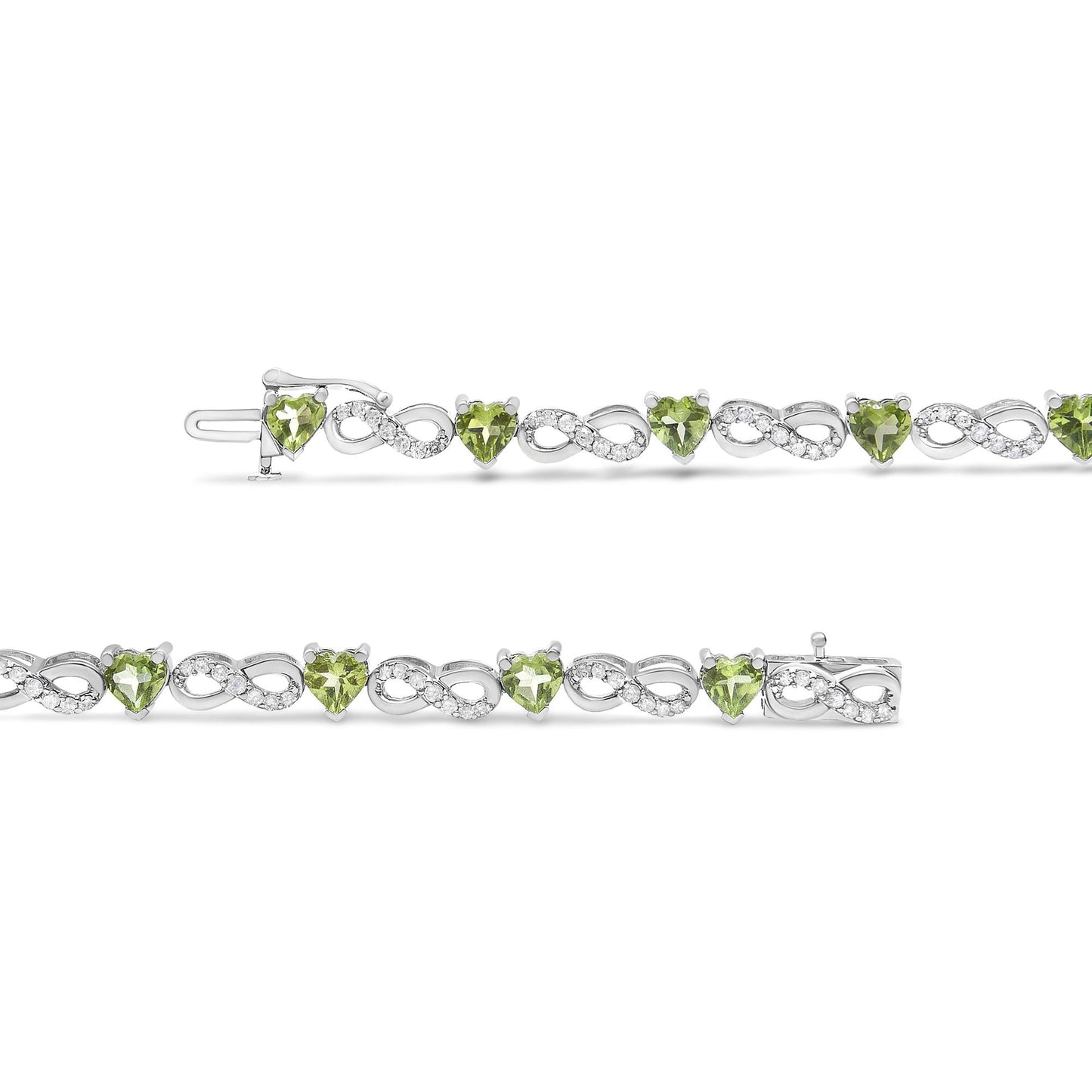.925 Sterling Silver 1.00 Cttw Diamond and 4.00mm Lab Created Green Heart-Shaped Peridot Infinity Link Bracelet (I-J Color, I2-I3 Clarity) - 7.25" - Bijoux-NYC Direct