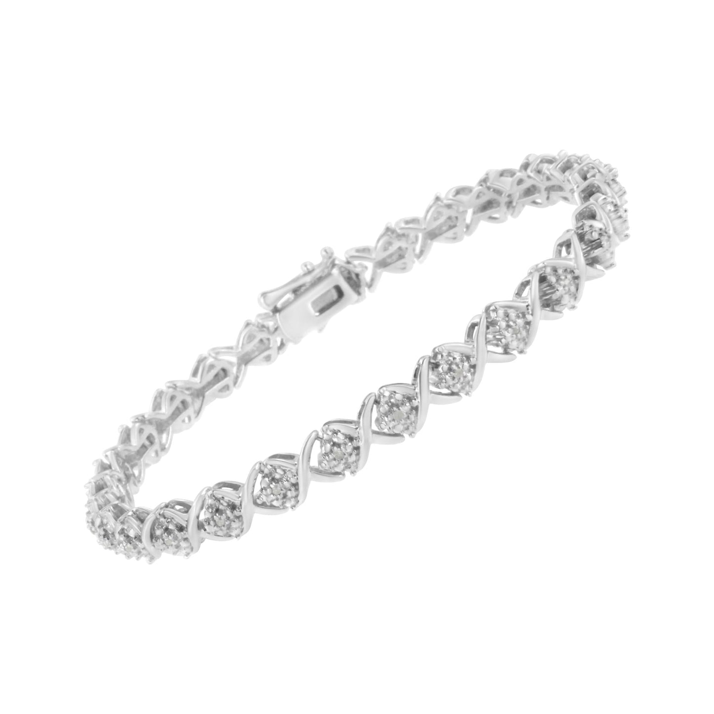 .925 Sterling Silver Round-Cut Diamond Accent Floral Cluster and "X" Link Bracelet (I-J Color, I3 Clarity) - 7.25" - Bijoux-NYC Direct
